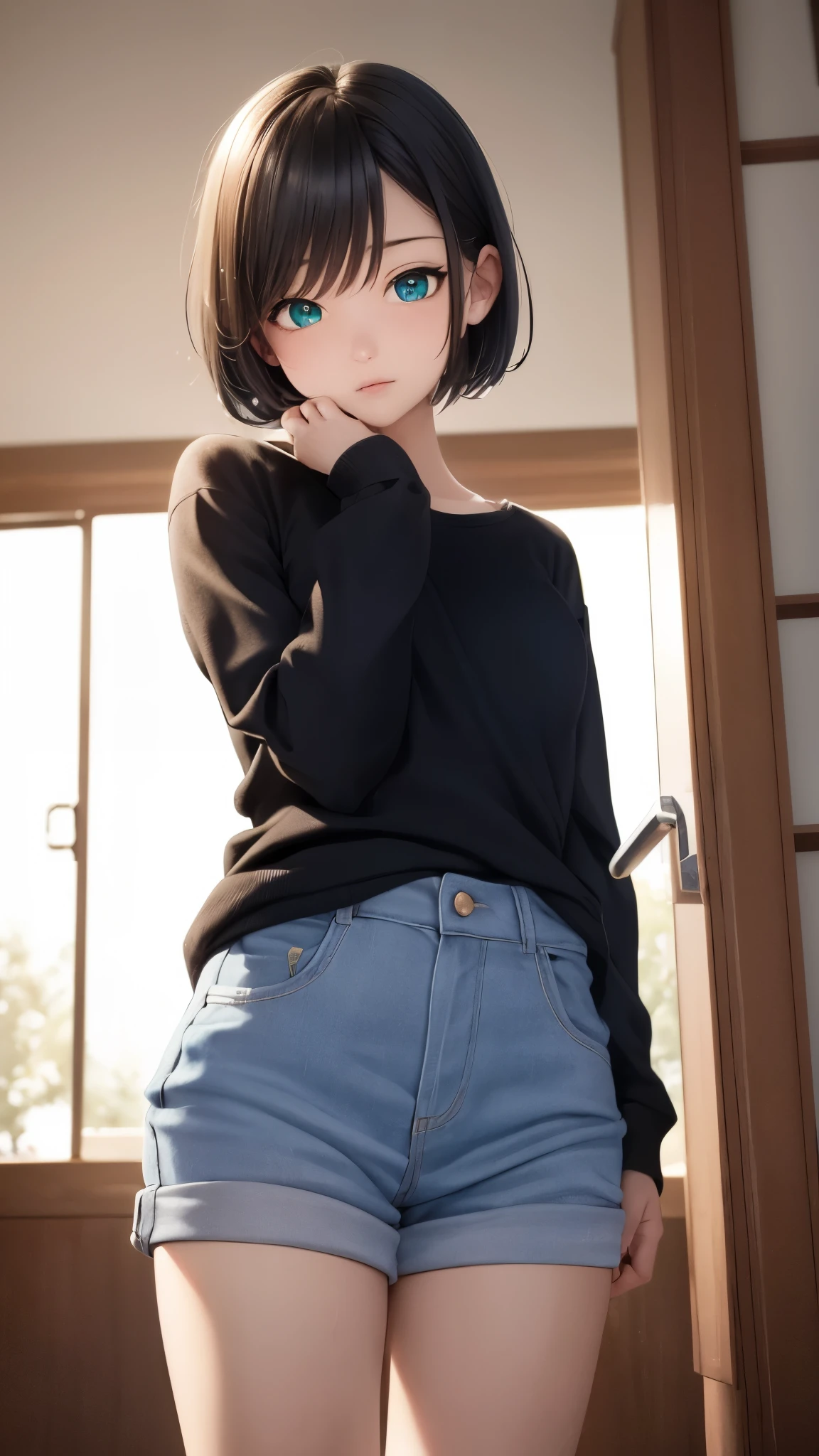 ,high res, masterpiece, Ruka Sarashina,short hair, black hair, ((solo)), 1girl, cute, indoors, detailed eyes, ((blue_green eyes))