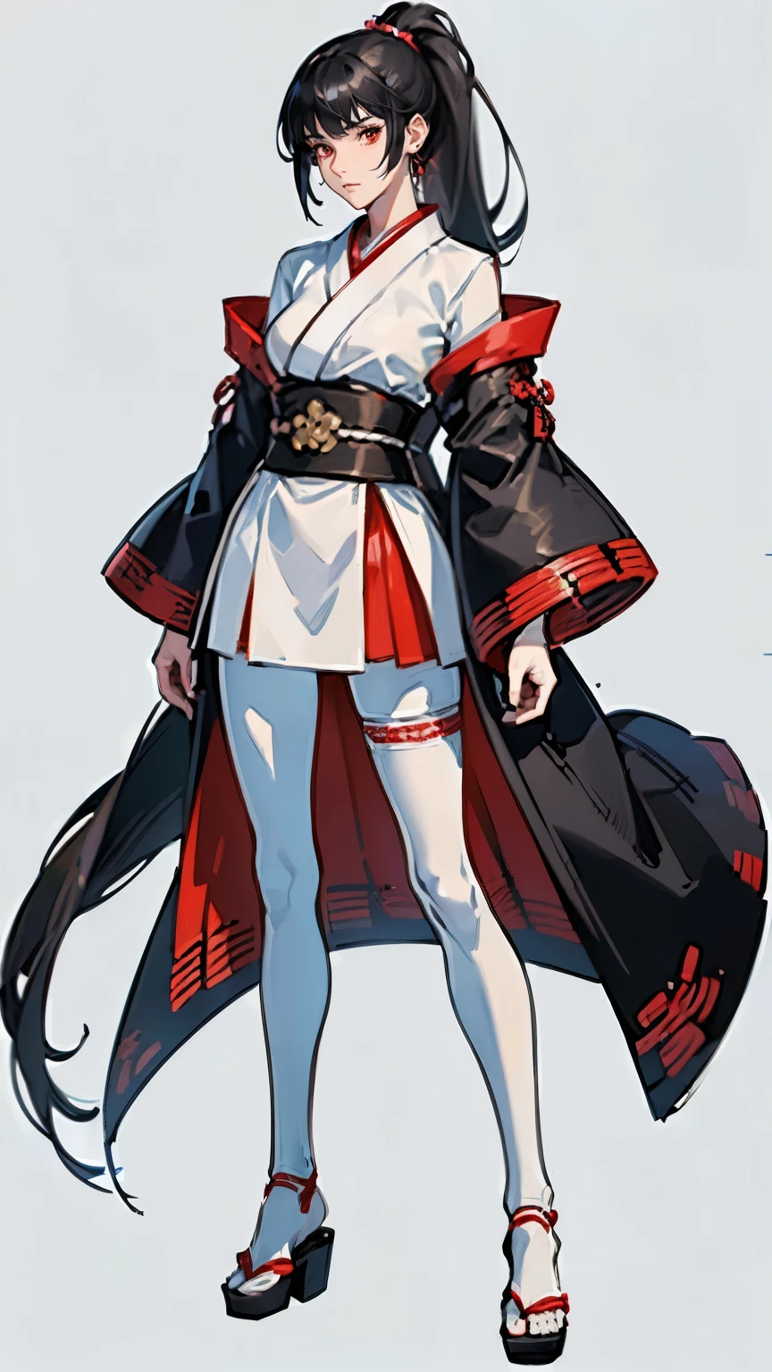 ((masterpiece,best quality,8k,highres)),((character concept art)), 1 female, adult female, warrior, 190 cm height, long straight hair, ponytail, hime-cut hairstyle (black hair colour), ultra finely detailed eyes (red eyes colour), extraordinary gorgeous, charming, emotionless, no expression, shapely breasts, hourglass body shape ((muscular)), ((intricate detail)), super finely detailed hands, ultra finely detailed fingers(((ten fingers))), japanese kimono,samurai armour (black outfit colour), short pants, white sheer tights(pantyhose), japanese clogs shoes, earrings, necklace, (standing still), (full body showcase), (show full body), (no logos on background), (no logo), ((plain background)), ((plain background)), (((empty background)))