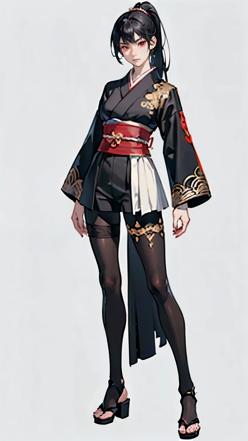 ((masterpiece,best quality,8k,highres)),((character concept art)), 1 female, adult female, warrior, 190 cm height, long straight hair, ponytail, hime-cut hairstyle (black hair colour), ultra finely detailed eyes (red eyes colour), extraordinary gorgeous, charming, emotionless, no expression, shapely breasts, hourglass body shape ((muscular)), ((intricate detail)), super finely detailed hands, ultra finely detailed fingers(((ten fingers))), japanese kimono,samurai armour (black outfit colour), short pants, white sheer tights(pantyhose), japanese clogs shoes, earrings, necklace, (standing still), (full body showcase), (show full body), (no logos on background), (no logo), ((plain background)), ((plain background)), (((empty background)))