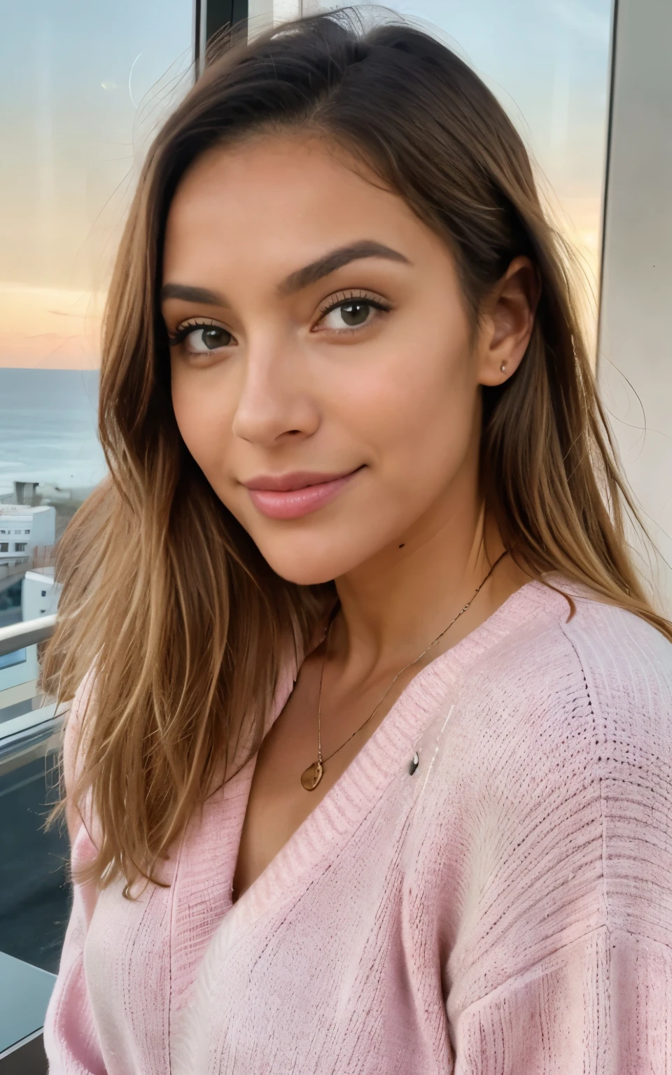 beautiful blonde wearing pink sweater (drinking coffee in a modern cafe at sunset), muito detalhado, 21 anos de idade, rosto inocente, cabelos ondulados naturais, olhos azuis, high resolution, obra de arte, Melhor qualidade, detalhes intrincados, altamente detalhado, sharp focus, pele detalhada, realista skin textura, textura, olhos detalhados, profissional, 4K, Sorriso charmoso, filmado em Canon, 85 mm, profundidade superficial de campo, kodak vision color, corpo em forma perfeita, extremamente detalhado, foto_\(ultra\), photorealista, realista, Post-processing, maximum detail, rugosidade, Vida real, ultra realista, fotorrealismo, fotografia, 8k hd, fotografia