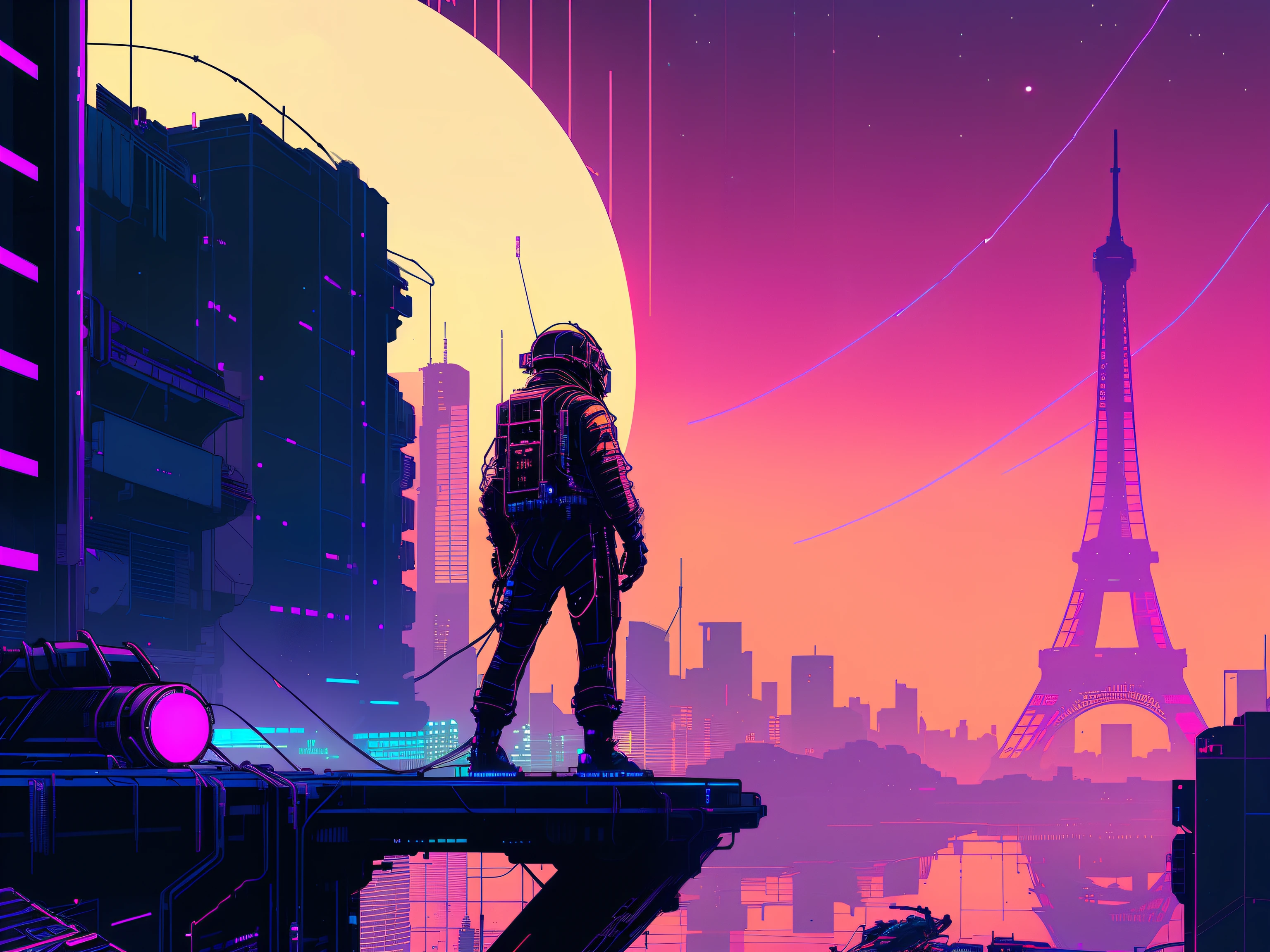 (nvinkpunk:1.2) (snthwve style:0.8) astronaut, Paris, effiel tower background, lightwave, sunset, intricate, highly detailed, cyberpunk style, 8k