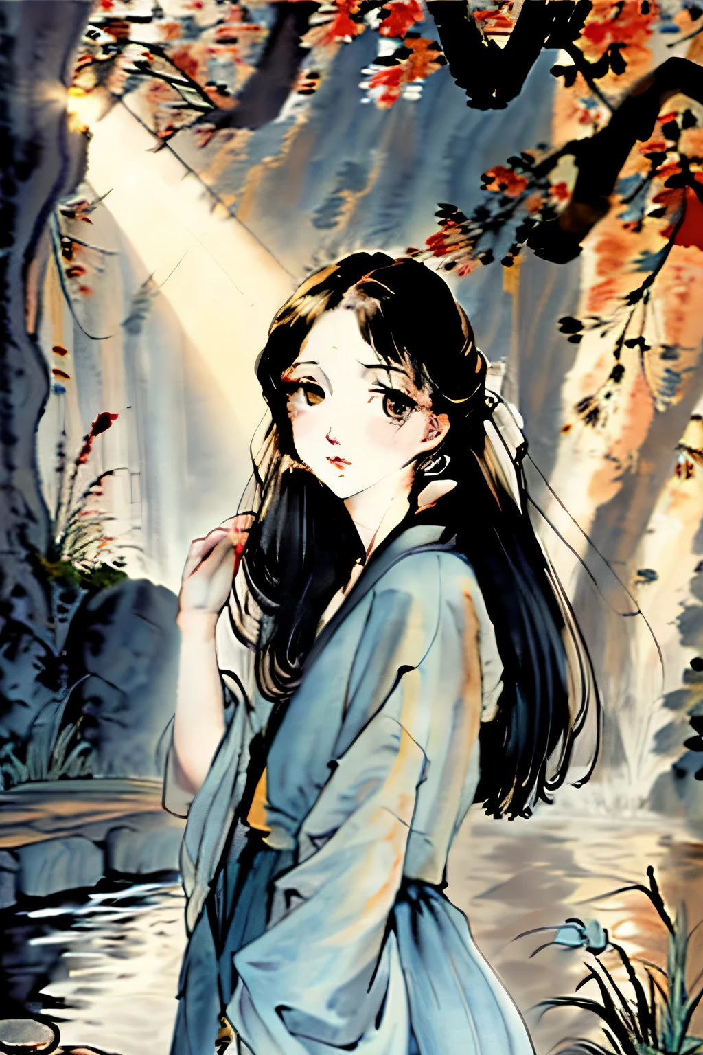 oil painting, ((Caravaggio)), ((Caravaggism)), Jan Vermeer, beautiful girl, ((European)), (((blue long hair))), pond, summer, Sun, dynamic pose, beautiful hands, trending at the art station, High detail, picture of the day, beautiful romantic lighting