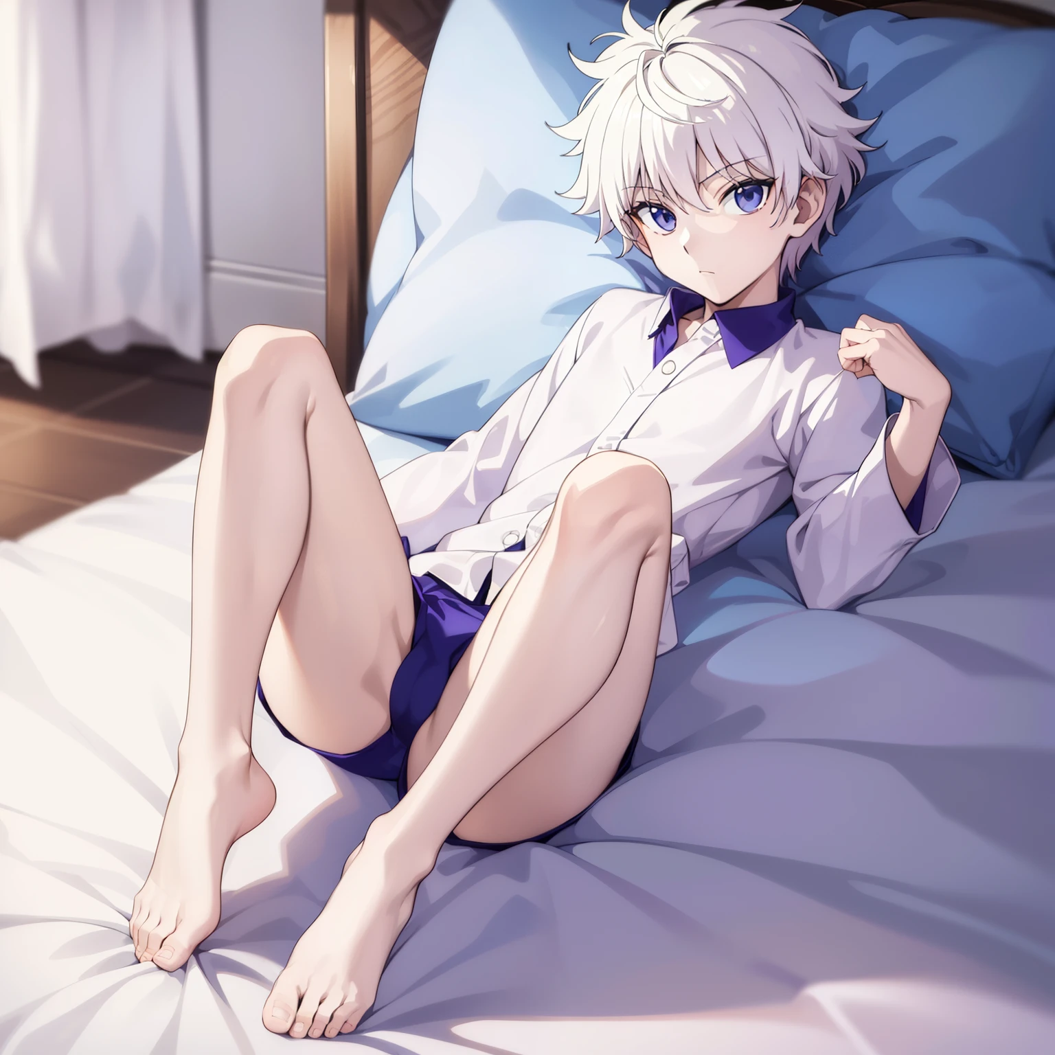 masterpiece, best quality, high quality, 1boy, solo, male focus, looking at viewer, full body, killua_zoldyck, wearing satin pajamas shorts, the material of satin pajamas is shiny, soft and smooth to the touch, no underwear, bulge,