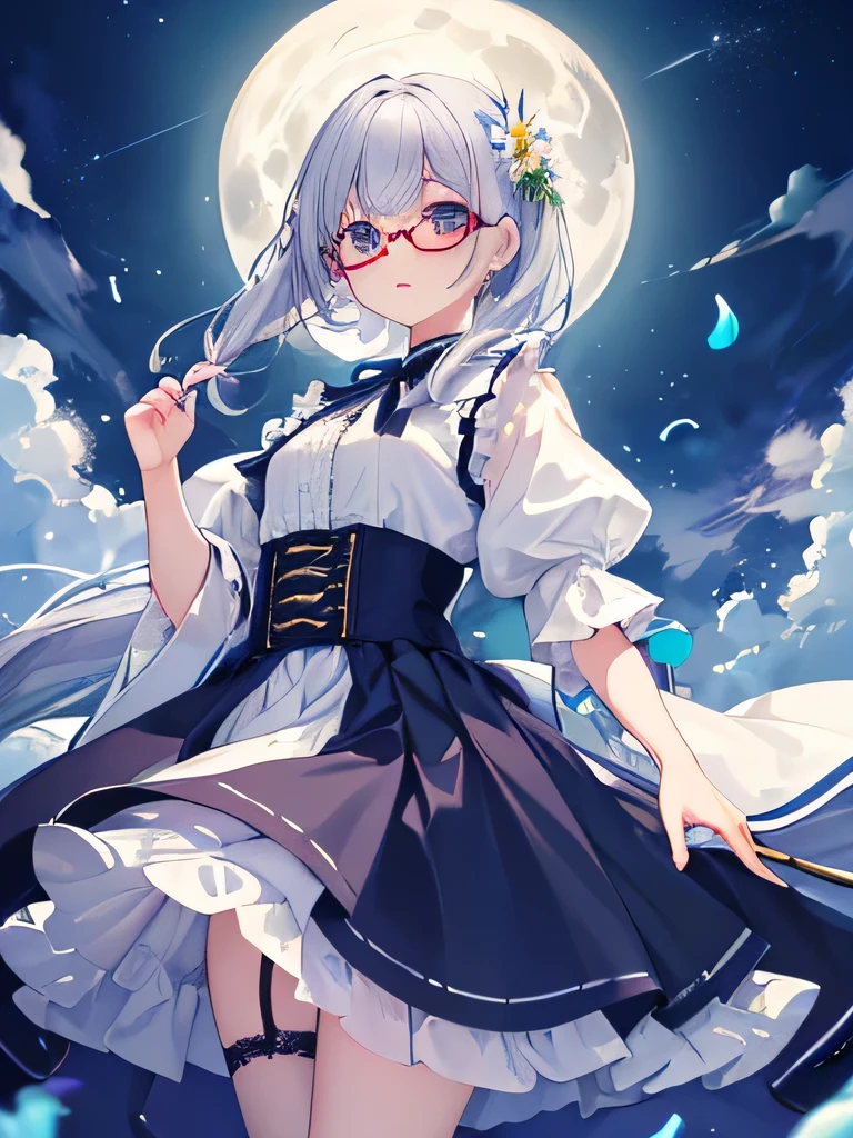 (((masterpiece, highest quality, High resolution, high detail)))), 、(masterpiece, highest quality:1.6), big breasts、big ass、big ass、((green、Elegant and understated fabric))、long skirt that is up to the knee、、 beautiful girl, (flowers, 小さなwhiteい花びらがたくさん:1.3),, official art, RAWphotograph, incredibly absurd, face light, dynamic lighting, cinematic lighting, surreal, High resolution, photograph, sharp focus, most detailed, very detailed, Super detailed, finely, very detailed目と顔、Ocean、blue sky、full moon、white_hair,brugge butterfly,hair、(((hairはリボンで飾られています)))、purple garter belt、red glasses
