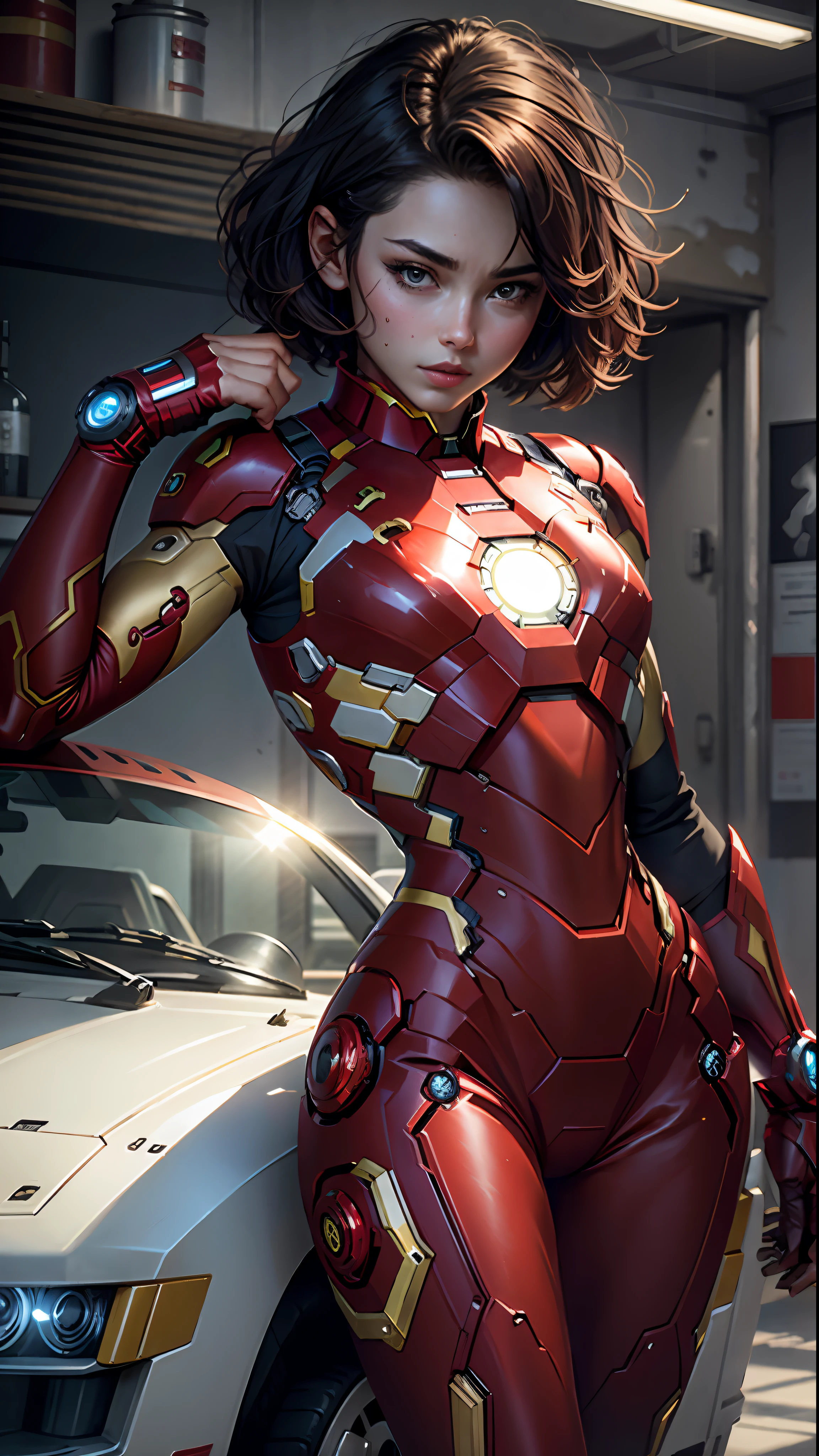 Beautiful short hair defines the body, wearing Iron Man roleplay