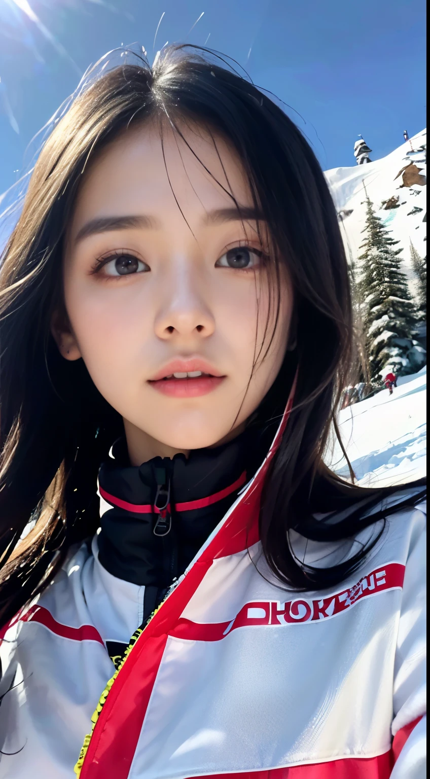 (Close up portrait of one girl with slender small breasts and long hair in colorful ski clothes:1.5)、hair up, (One girl skiing with show her face :1.5)、(Snow Ski Garden:1.5)、(Beautiful blue sky 1.5)、(Perfect Anatomy:1.3)、(No mask:1.3)、(complete fingers:1.3)、Photorealsitic、Raw photography、masutepiece、top-quality、hight resolution、delicate and pretty、face perfect、Beautiful detailed eyes、Fair skin、Real Human Skin、pores、((thin legs))、(Dark hair)