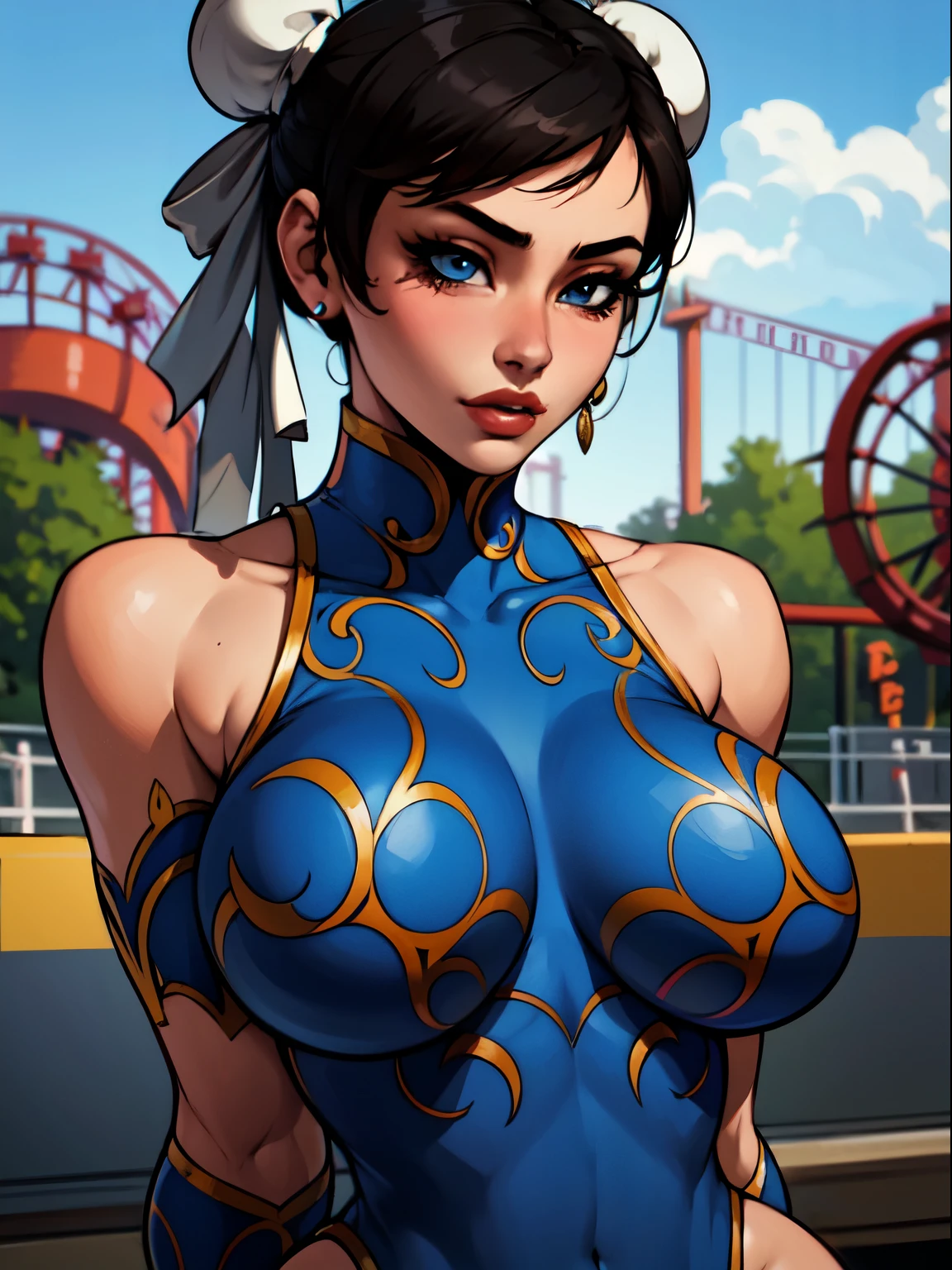 ((Chun li)), 1 Girl with short black hair, blue eyes, perfect face, voluminous body and slightly thin hips, she is in an amusement park alone, ((perfect body)), ((work of art)) , ((best quality)), (detailed)