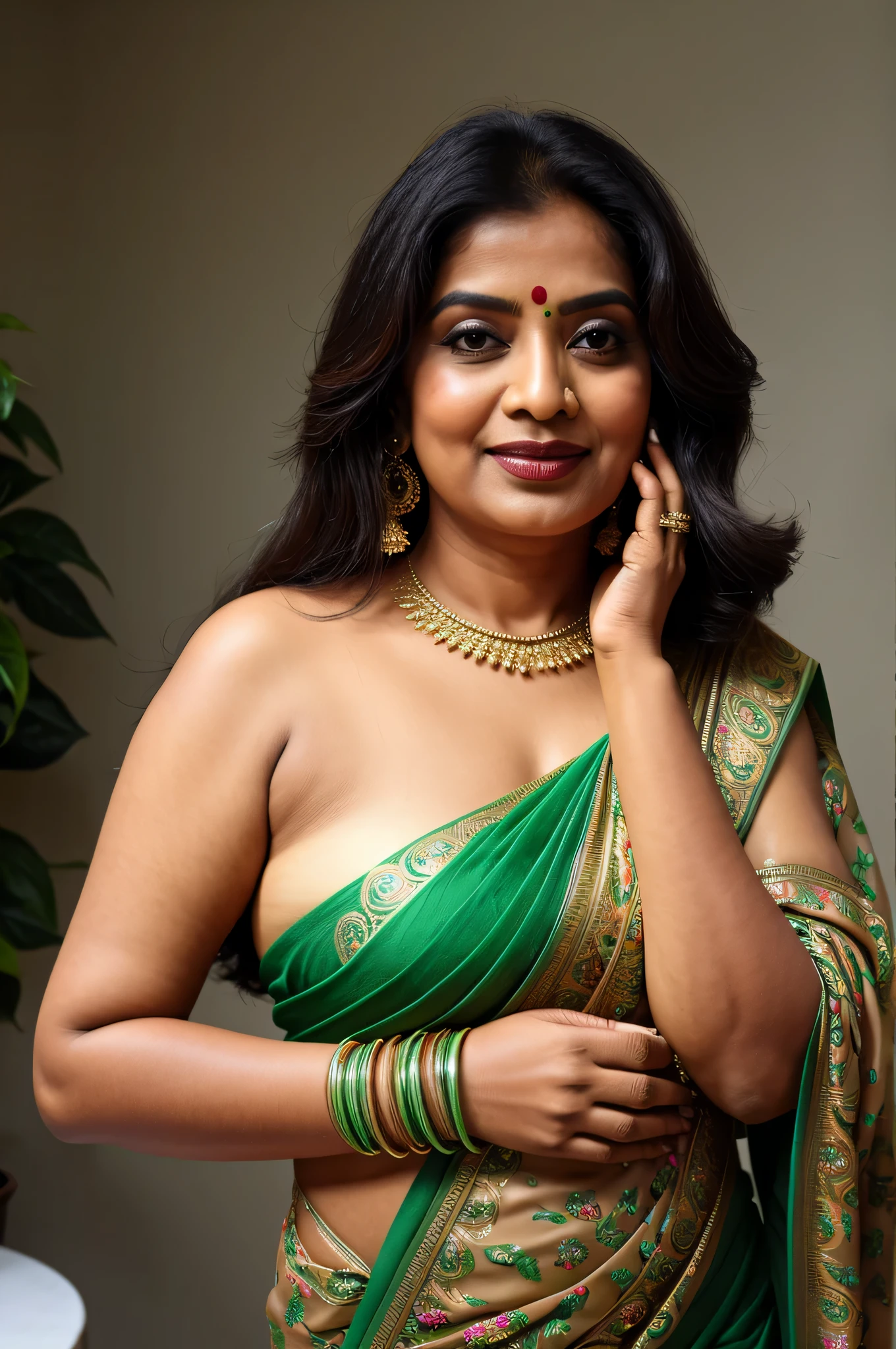 Bangli May wears a green saree, removes her blouse and squeezes her milk with her hands