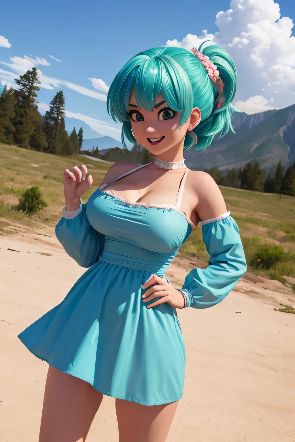 obra maestra, Mejor calidad, high resolution, Dragon Ball, blmsdup, Bulma, pelo aguamarina, one side up, vestido rosa, mangas largas, clavicle, pechos medianos, al aire libre, de pie, tiro de vaquero, (levantamiento de vestido:1.2), sonrisa maligna,