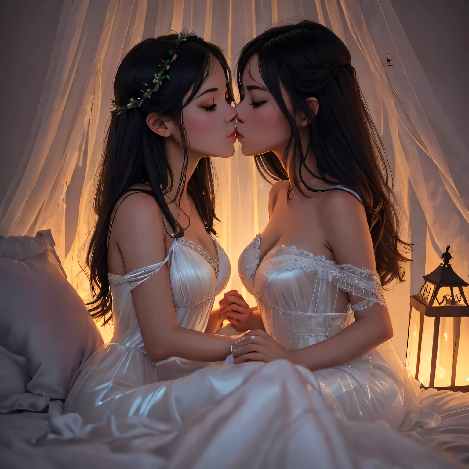 two girl kissing,,(bright lighting,romantic setting),dreamy background,,dark hair, mesmerizing gaze, , soft skin, alluring beauty, artistic portrait, high-quality image, vibrant colors,translucent long silk gown, mosquito net, lying down, romantic bedroom,bondage