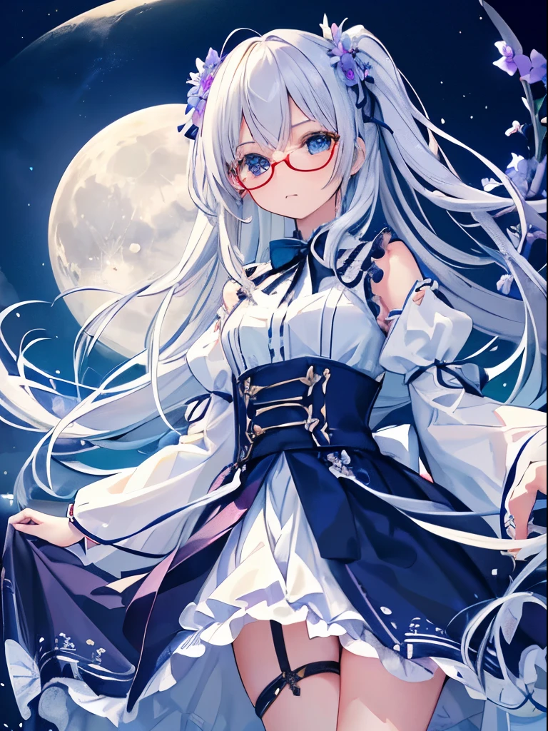 (((masterpiece, highest quality, High resolution, high detail)))), 、(masterpiece, highest quality:1.6), big breasts、big butt、big butt、((green、elegant and understated fabrics))、long skirt up to the knees、、 beautiful girl, (flowers, 小さなwhiteい花びらがたくさん:1.3),, official art, RAWphotograph, incredibly absurd, face light, dynamic lighting, cinematic lighting, surreal, High resolution, photograph, sharp focus, most detailed, very detailed, super detailed, finely, very detailed目と顔、Ocean、blue sky、full moon、white_hair,Blue Jucho,hair、(((hairはリボンで飾られています)))、Purple Garter Belt、red glasses