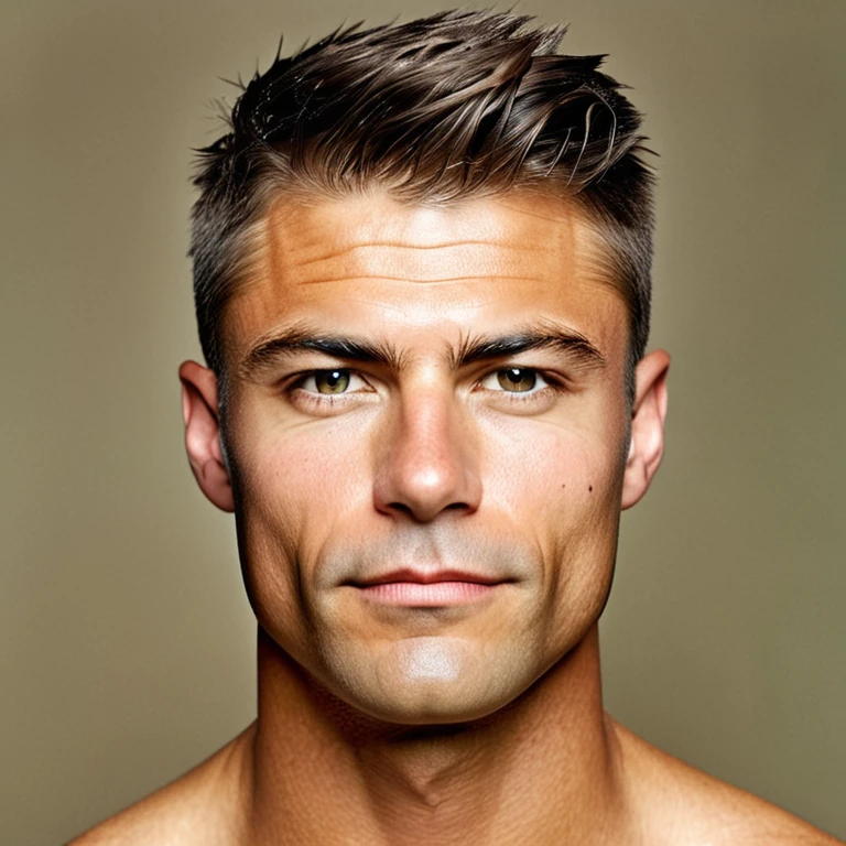 Portrait of face of nude 25 year old man with military haircut and shave,  offspring of Rob Lowe and Gwyneth Paltrow 