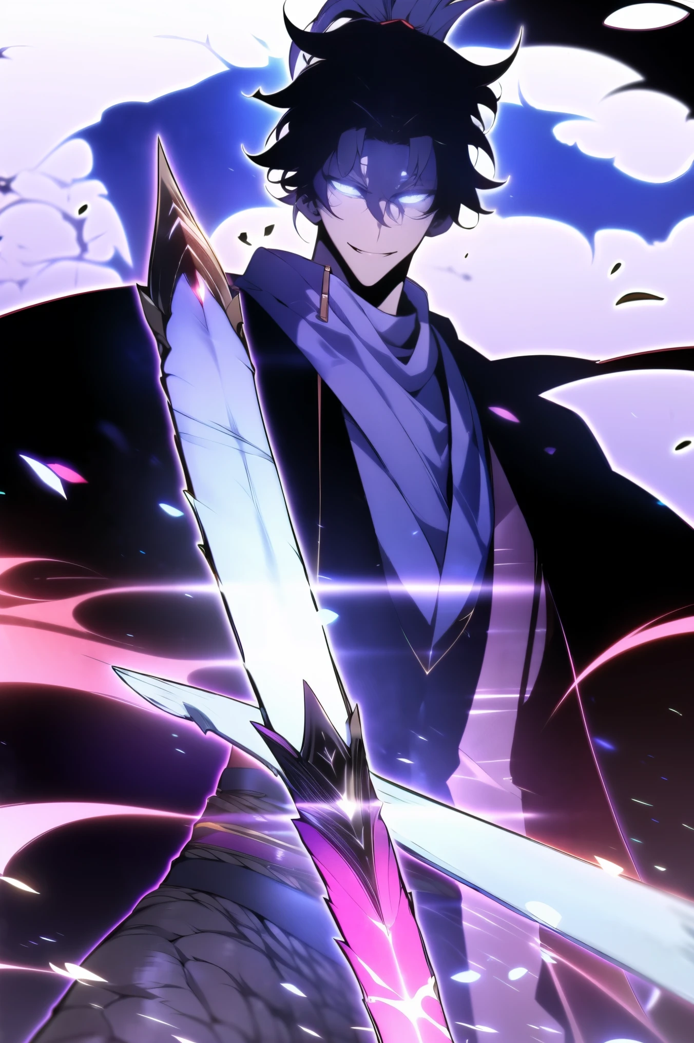 A man in fantasy clothes, wild Black hair, wild hair in a ponytail, white blue eyes, scar on the nose, scary smile, long black scarf, wielding a black Sword, intense colors, 4k, un-zoom, intricate pencil sketch, perfect Anatomy