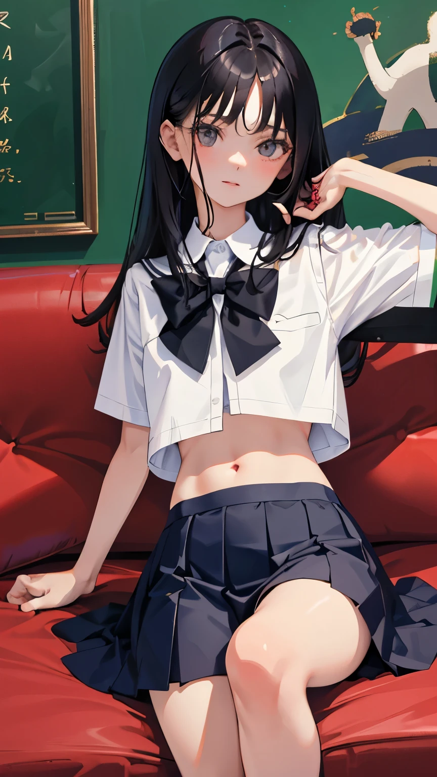 Cute girl,Cute, Unbuttoned, Glasses, Skirt, Bra flash, on top of the bed, Beautiful illustration with a smile、top-quality、highest quality,Cute girls,Hair between the eyes、Random actions,Black color hair,No bra wearing,The body is wet,(White color blouse),(Exposes the at the base of the thigh),(Translucent top),long whitr hair、(((Black pleated skirt)))、(does not wear panties),(Not wearing Bra),Bare legged,ssmile,