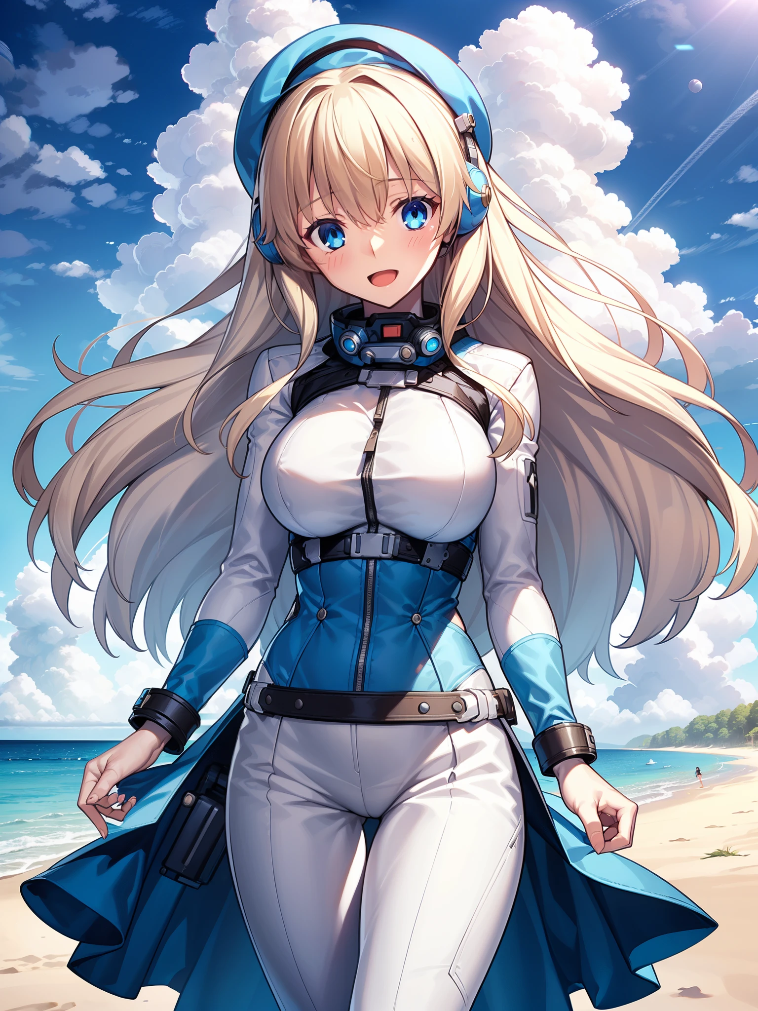 1girl, solo, breasts, looking at viewer, blush, smile, long hair, bangs, large breasts, blonde long hair, long sleeves, blue eyes, headphone,beret,:d, bodysuit, bspace, white bodysuit, blue sky,sea,summer,wind:1.3,beach, spacesuit BREAK 