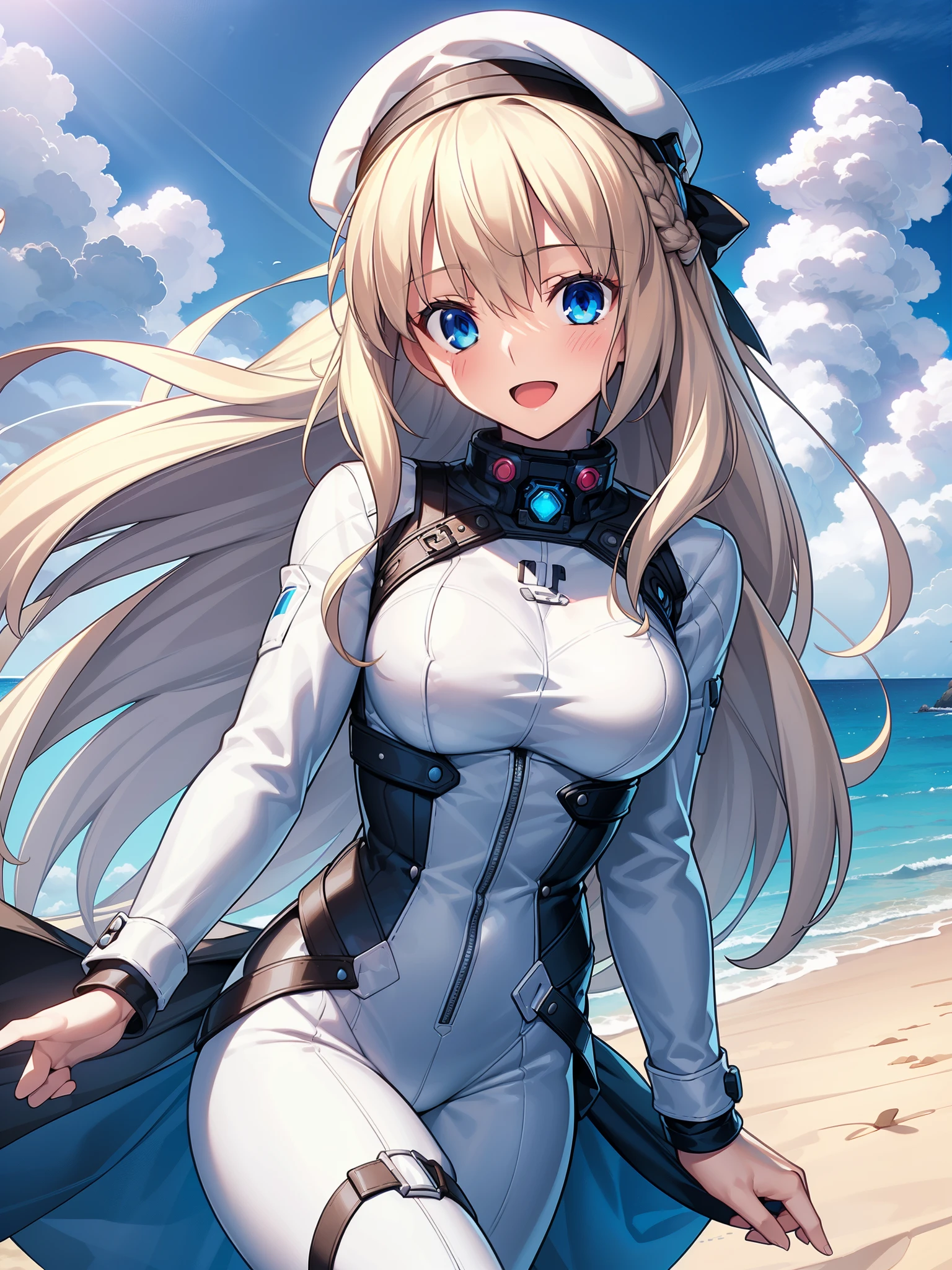 1girl, solo, breasts, looking at viewer, blush, smile, long hair, bangs, large breasts, blonde long hair, long sleeves, blue eyes, headphone,beret,:d, bodysuit, bspace, white bodysuit, blue sky,sea,summer,wind:1.3,beach, spacesuit BREAK 