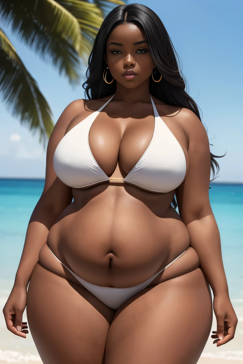 A voluptuous black-skinned woman gracefully embodies confidence in a strikingly contrasting white bikini. Her wide hips and thick legs boldly showcase her ample curves, providing a striking contrast to her slender waistline. Her huge breasts cascade outward, showcasing their fullness, while her chubby figure proudly displays the signs of being pregnant. Her huge belly roundly expands, exuding a sense of strength and beauty. Though some may perceive her as obese (s2), her overall appearance is a testament to the power and allure of women in all shapes and sizes.