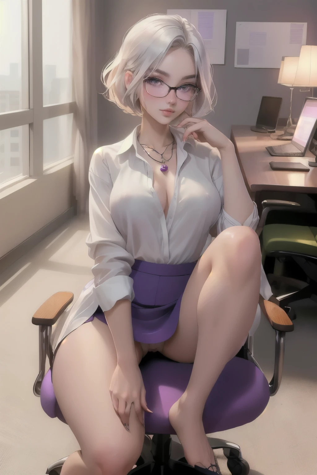 Top image quality, Raw photography,ultra-high-resolution,18-year-old Korean, Glasses beauty, Formal shirts, Open shirt, Showing  small perky breasts exposed, their rosy hard nipples peeking out, Lifting her formal skirt, No panties, fair white skin, shiny white skin, Short Bob,1bright silver hair, purple hair, purple eyes, Very thin lips, beautiful eyes finely detailed, elongated eyes, pale pink blush, long eye lashes, Beautiful double eyelids, eyeshadows, neckless, Nipple Ring, Sitting in an office chair, very wide spread your legs, Showing off your hairy pussy, Large corporate offices, Corridors of large companies, Fashionable glasses, Lighting that emphasizes beautiful skin, (full body)((best quality)), ((masterpiece)), (detailed), perfect face