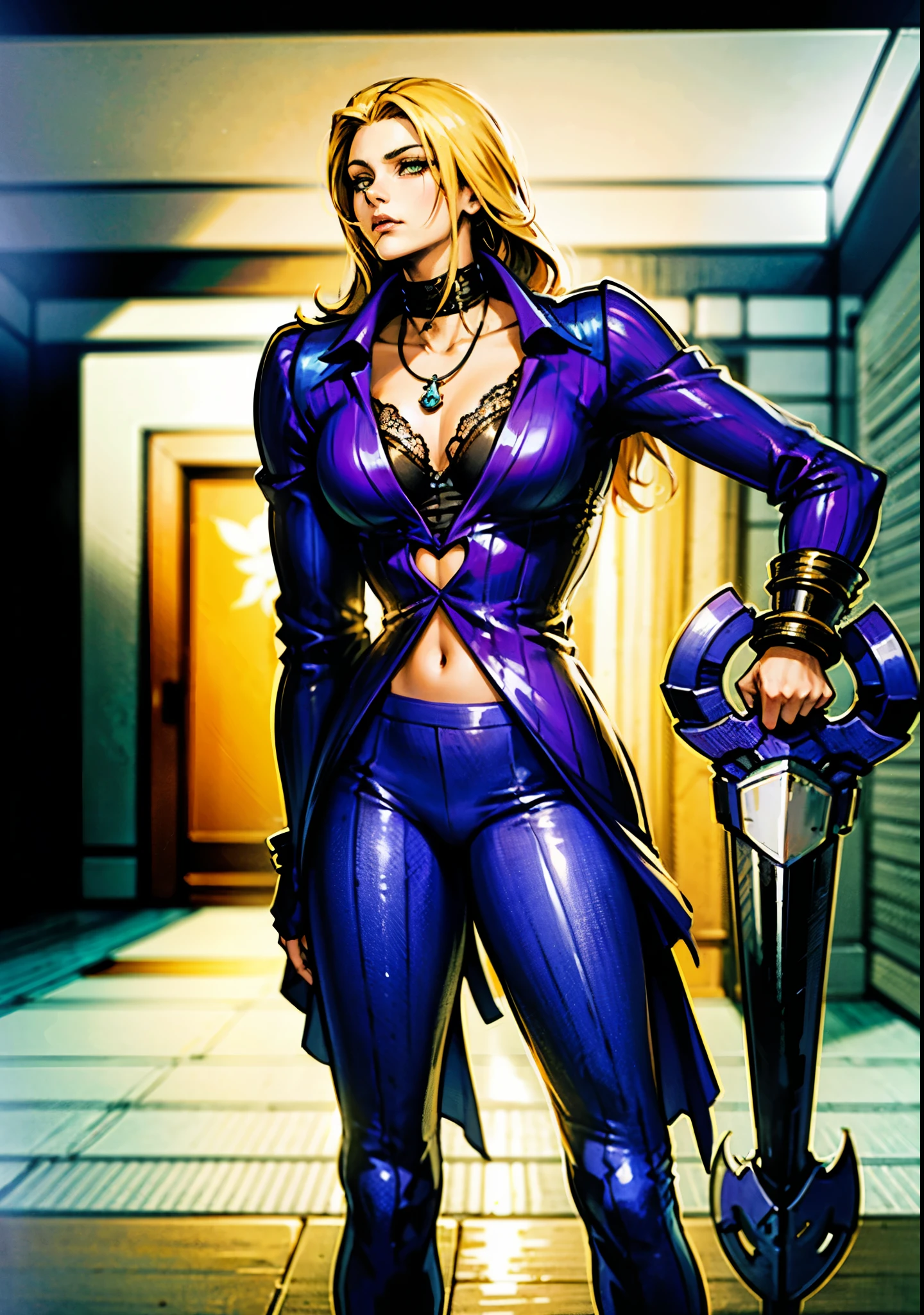 A woman with medium-length golden hair, (features of Native American heritage), distinct facial contours, an oval-shaped face, deep-set eyes, a resolute expression, tall and fit figurea, small crystal necklace that emits a soft purple glow, a fantasy-realism style gender-neutral striped white suit, the open collar reveals a tight-fitting bustier underneath, matching suit pants, in her left hand holds a sci-fi ancient civilization-inspired anchor-shaped weapon, she stands confidently on a boundless wilderness road, this character embodies a finely crafted fantasy-realism-style bounty hunter in anime style, exquisite and mature manga art style, (perfect body, perfect nose, perfect mouth, perfect eyes), ((Feminine:1.2)), high definition, best quality, highres, ultra-detailed, ultra-fine painting, extremely delicate, professional, anatomically correct, symmetrical face, extremely detailed eyes and face, high quality eyes, creativity, RAW photo, UHD, 32k, Natural light, cinematic lighting, masterpiece-anatomy-perfect, masterpiece:1.5