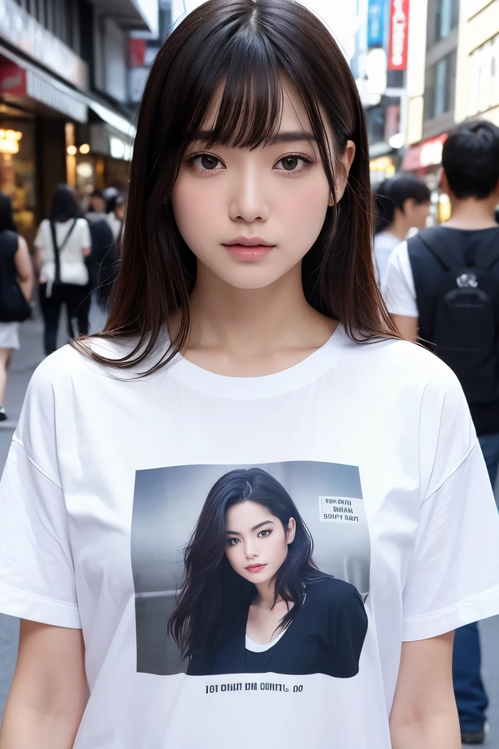 Photo realistic, High resolution, detailed background, detailed beautiful skin, detailed nose, soft lighting, (solo shot:1.23), (upper body:1.1), closed shot, looking at viewer, (((nice hand, perfect hand))), clear eyes,// japanese lady, pale skin, // (wearing T-shirt with Michael Jackson written on it ), street snap, blunt bangs hair, ((facing viewer)), at the street tokyo,