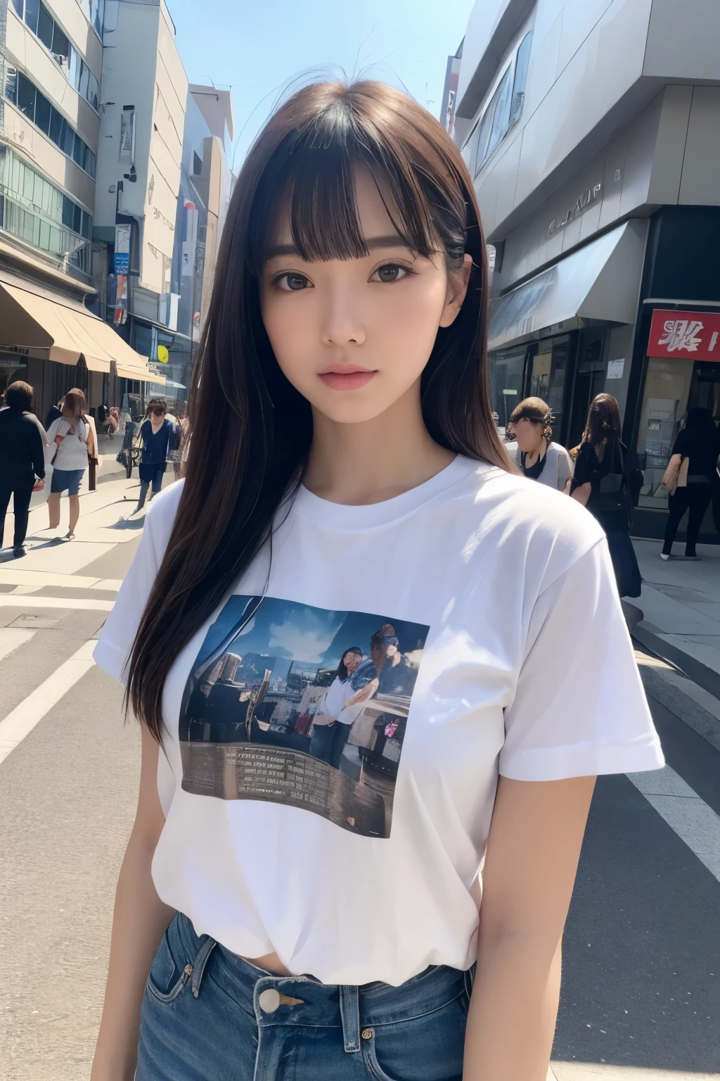 Photo realistic, High resolution, detailed background, detailed beautiful skin, detailed nose, soft lighting, (solo shot:1.23), (upper body:1.1), closed shot, looking at viewer, (((nice hand, perfect hand))), clear eyes,// japanese lady, pale skin, // (wearing T-shirt with Michael Jackson written on it ), street snap, blunt bangs hair, ((facing viewer)), at the street tokyo,