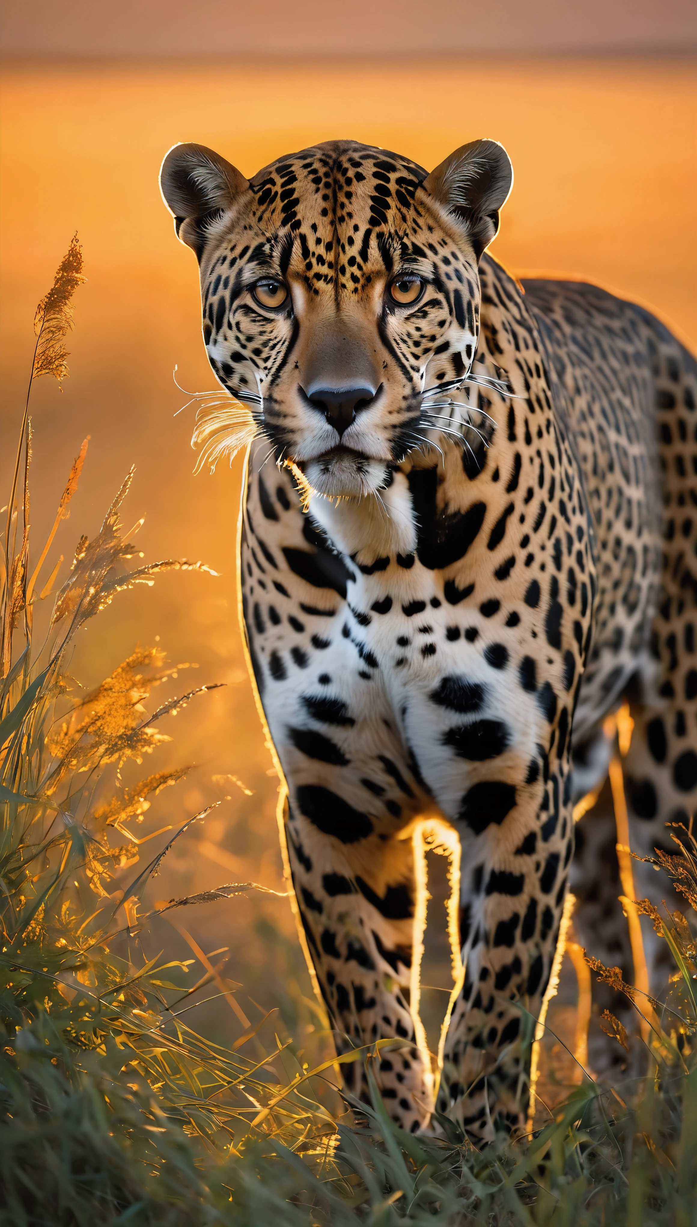 In the golden light of a savannah sunset, um majestoso jaguar ergue-se orgulhosamente no topo de um afloramento rochoso, its elegant form silhouetted against the vibrant tones of the sky. Seu casaco, uma sinfonia de laranja dourado com rosetas pretas distintas, brilha na luz solar que se desvanece, exuding a sense of power and grace.The jaguar's piercing amber eyes contemplate the vast pastures, reflecting the last rays of the setting sun. With muscles rippling beneath his fur, exudes an aura of strength and confidence, embodying the essence of a true apex predator.From a distance, the landscape stretches out in undulating waves of tall grass and scattered acacia trees, Bathed in the warm glow of twilight. The air is filled with the sounds of the savannah, from the distant birdsong to the rustle of leaves in the gentle breeze.As the night descends, the jaguar lets out a moan, rosnado estrondoso, um som primordial que reverbera pela savana, marking your territory and asserting your dominance over the land.This scene captures the raw beauty and indomitable spirit of the savannah, with the jaguar as a symbol of strength and resilience in the face of vast and untamed wild nature