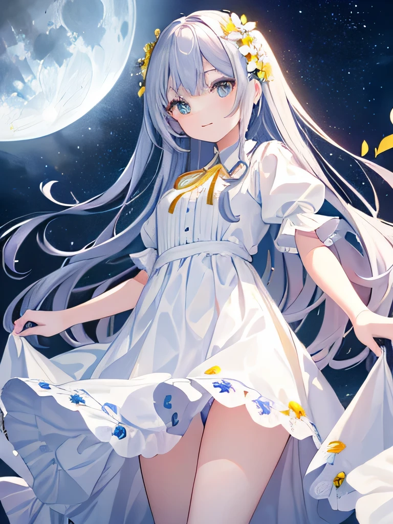 two girls、two people flirting、(((masterpiece, highest quality, High resolution, high detail)))), 、(masterpiece, highest quality:1.6), big breasts、big ass、big ass、Cute white shirt、long skirt、((Silk yellow panties))、 thighs, beautiful girl, (flowers, lots of small white petals:1.3),, official art, RAWphotograph, incredibly absurd, face light, dynamic lighting, cinematic lighting, surreal, High resolution, photograph, sharp focus, most detailed, very detailed, Super detailed, finely, very detailed目と顔、Ocean、blue sky、full moon、long hair、The paper has a ribbon attached to it