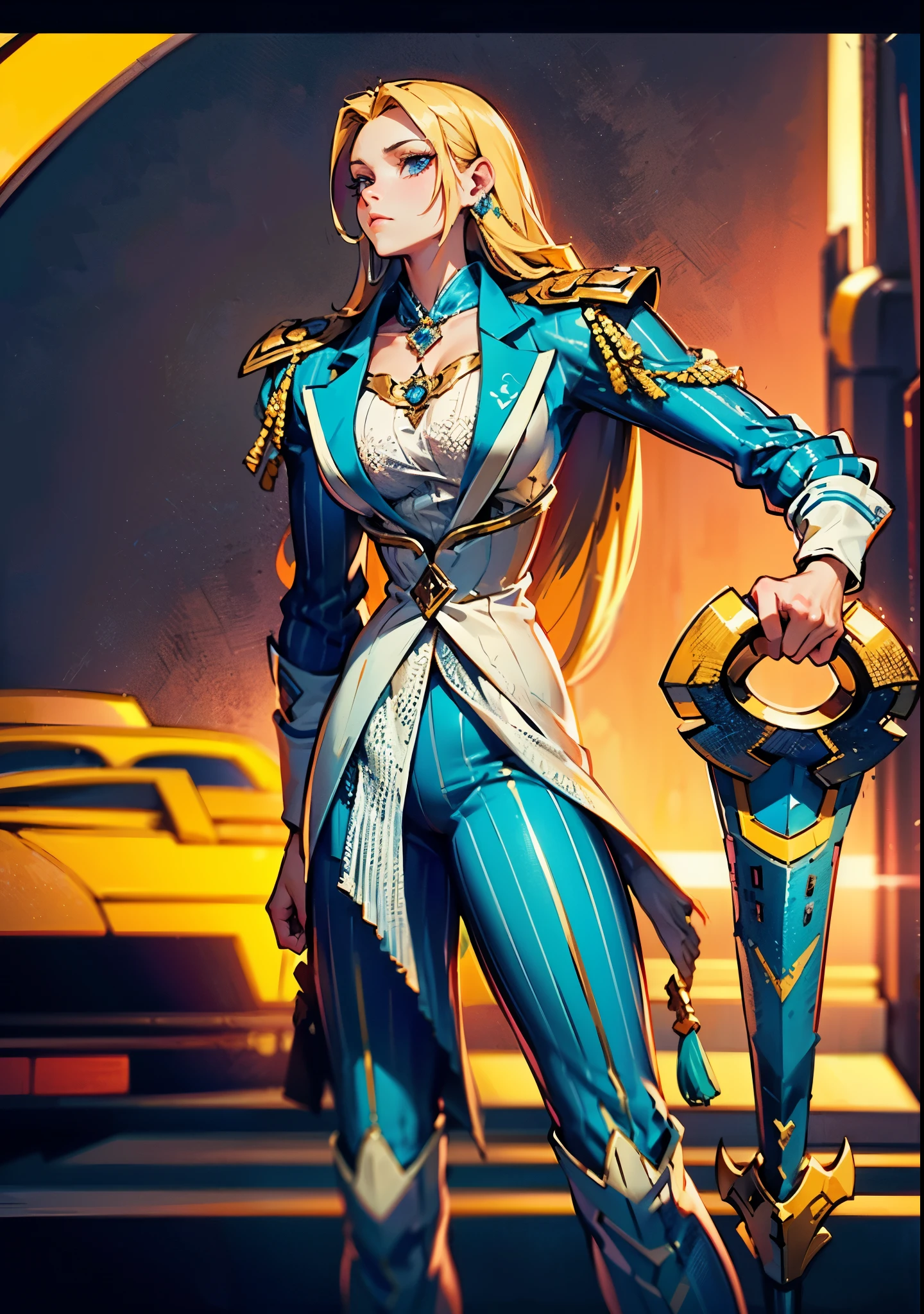 A woman with medium-length golden hair, (features of Native American heritage), distinct facial contours, an oval-shaped face, deep-set eyes, a resolute expression, tall and fit figurea, small crystal necklace that emits a soft purple glow, a fantasy-realism style gender-neutral striped white suit, the open collar reveals a tight-fitting bustier underneath, matching suit pants, in her left hand holds a sci-fi ancient civilization-inspired anchor-shaped weapon, she stands confidently on a boundless wilderness road, this character embodies a finely crafted fantasy-realism-style bounty hunter in anime style, exquisite and mature manga art style, (perfect body, perfect nose, perfect mouth, perfect eyes), ((Feminine:1.2)), high definition, best quality, highres, ultra-detailed, ultra-fine painting, extremely delicate, professional, anatomically correct, symmetrical face, extremely detailed eyes and face, high quality eyes, creativity, RAW photo, UHD, 32k, Natural light, cinematic lighting, masterpiece-anatomy-perfect, masterpiece:1.5