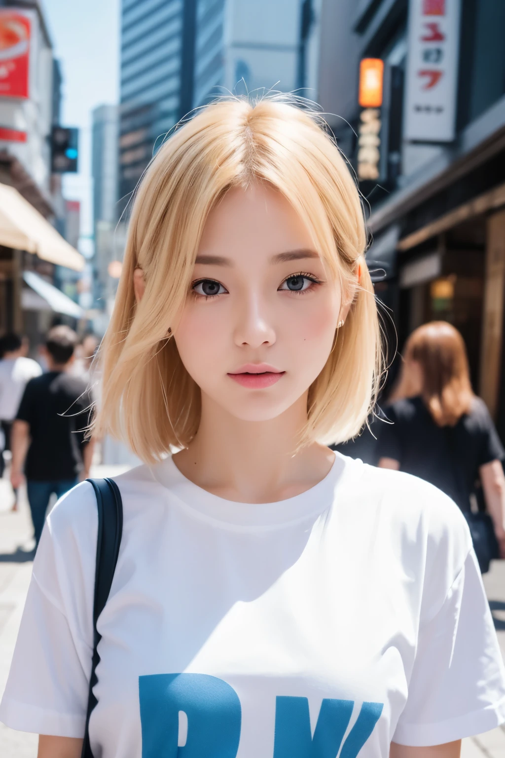 Photo realistic, High resolution, detailed background, detailed beautiful skin, detailed nose, soft lighting, (solo shot:1.23), (upper body:1.1), closed shot, looking at viewer, (((nice hand, perfect hand))), clear eyes,// japanese lady, pale skin, // (wearing Blur T-shirts ), street snap, gold hair, ((facing viewer)), at the street tokyo,