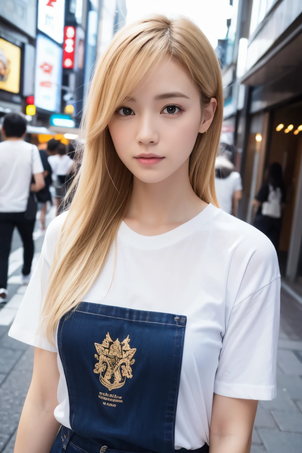 Photo realistic, High resolution, detailed background, detailed beautiful skin, detailed nose, soft lighting, (solo shot:1.23), (upper body:1.1), closed shot, looking at viewer, (((nice hand, perfect hand))), clear eyes,// japanese lady, pale skin, // (wearing Blur T-shirts ), street snap, gold hair, ((facing viewer)), at the street tokyo,