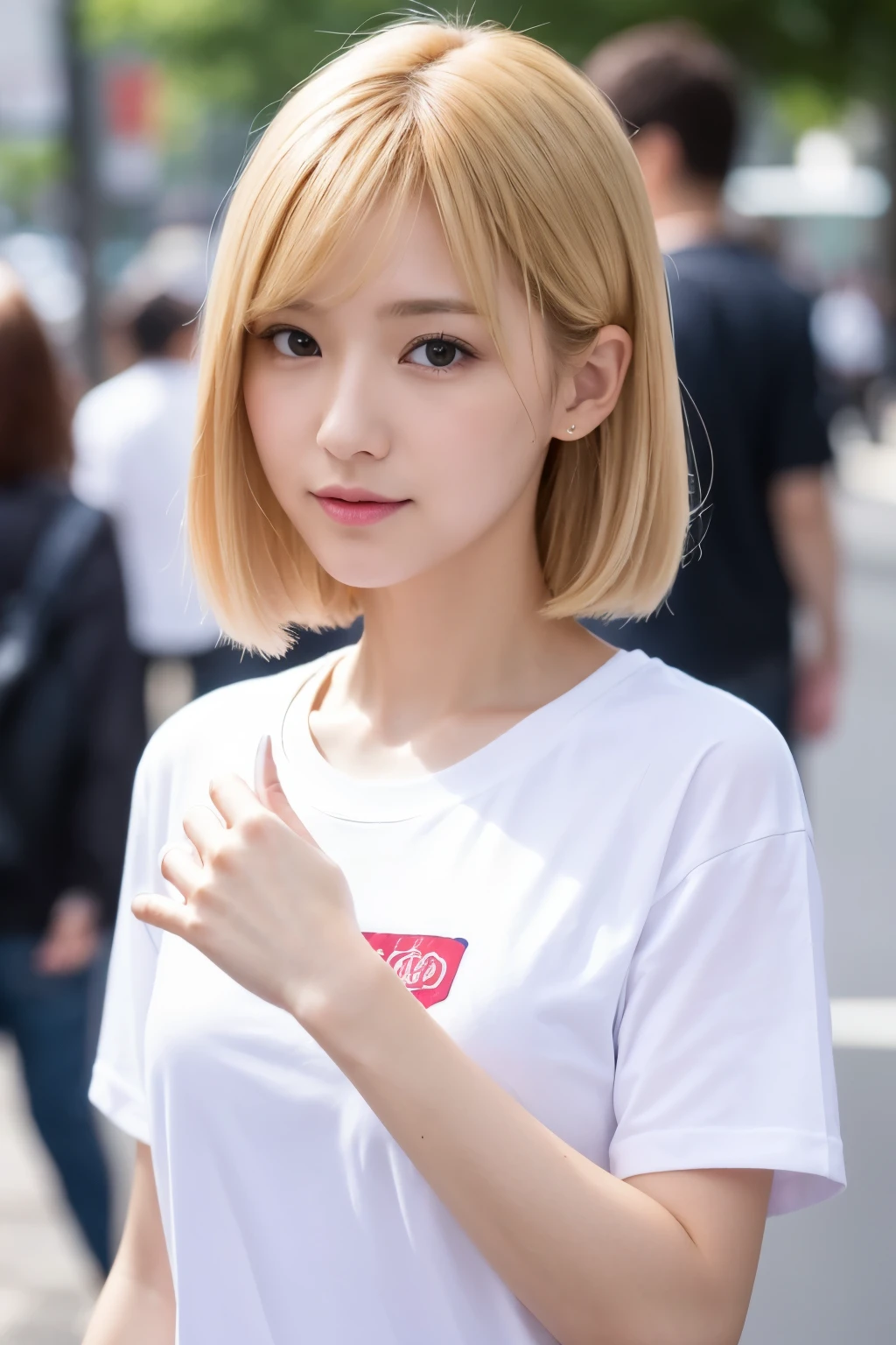 Photo realistic, High resolution, detailed background, detailed beautiful skin, detailed nose, soft lighting, (solo shot:1.23), (upper body:1.1), closed shot, looking at viewer, (((nice hand, perfect hand))), clear eyes,// japanese lady, pale skin, // (wearing Blur T-shirts ), street snap, gold hair, ((facing viewer)), at the street tokyo,