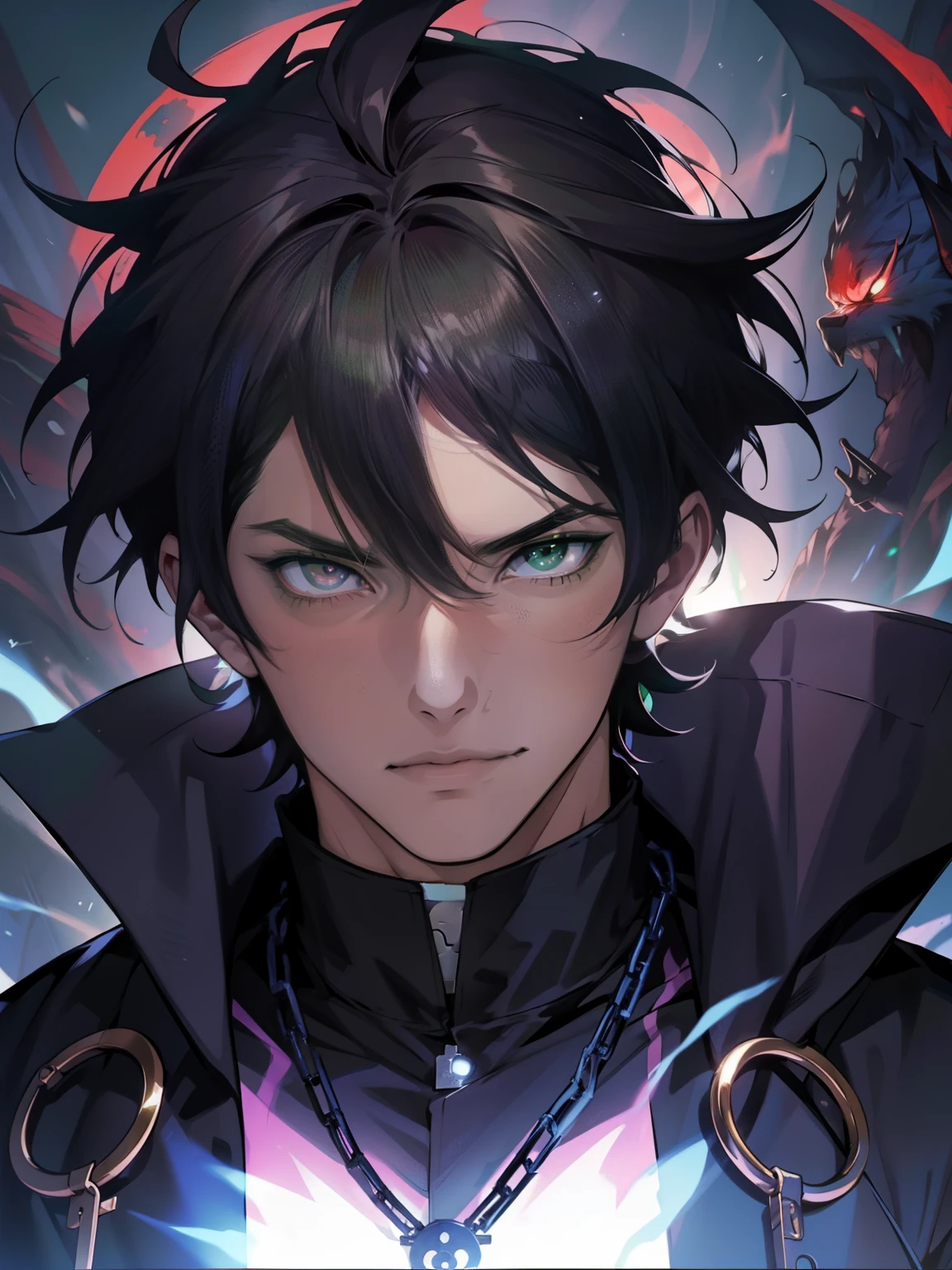 anime - style image of a man with a chain around his neck, handsome guy in demon slayer art, anime homem bonito, (((olhos verde,))) inspirado em Okumura Masanobu, cara de anime alto com olhos azuis, arte principal do anime, retrato de anime de um homem bonito, personagem de anime masculino, inspirado em Yamagata Hiro, bela pose de anime, jovem anime