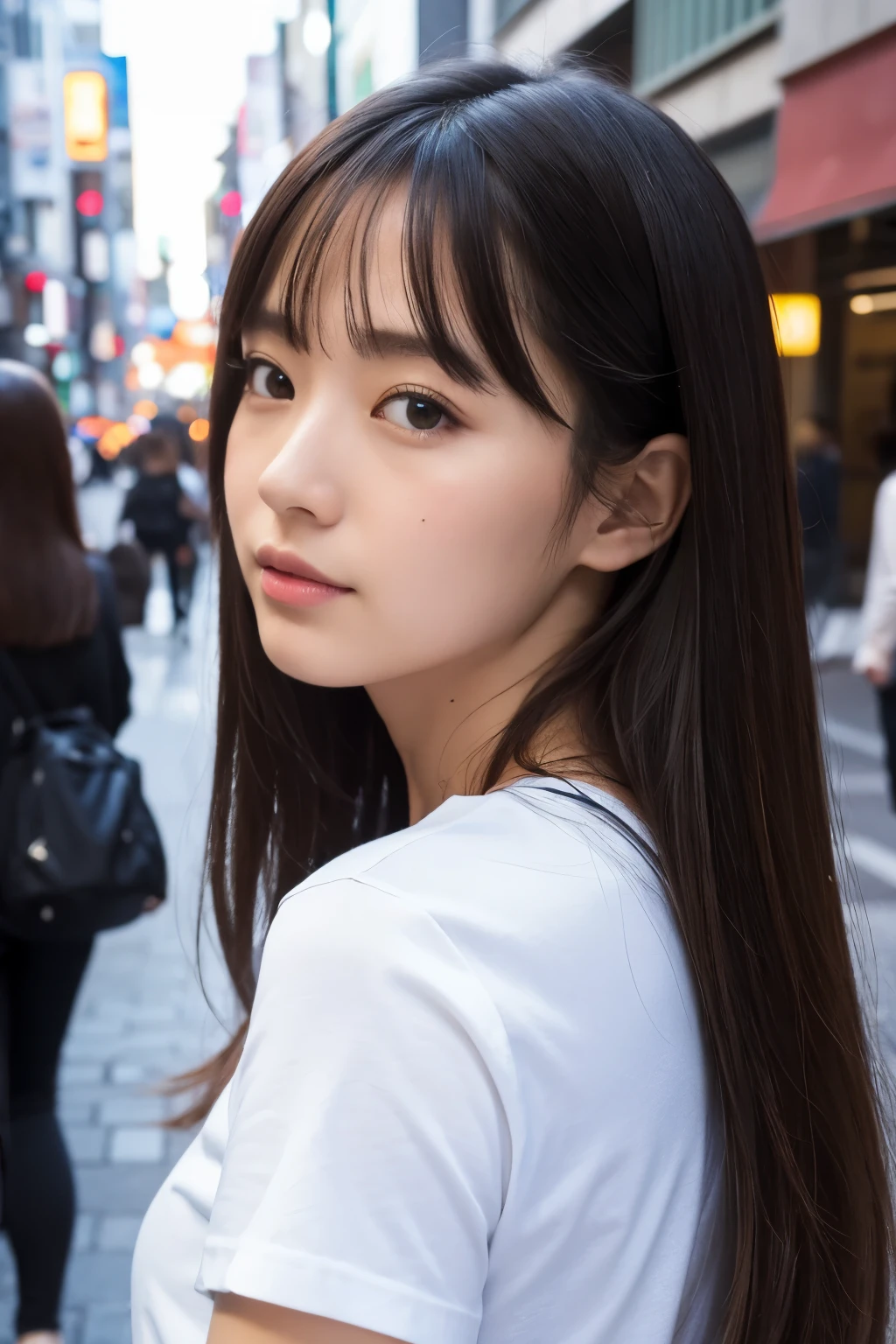 Photo realistic, High resolution, detailed background, detailed beautiful skin, detailed nose, soft lighting, (solo shot:1.23), (upper body:1.1), closed shot, looking at viewer, (((nice hand, perfect hand))), clear eyes,// japanese lady, pale skin, // (wearing black band T-shirts ), street snap, gold hair, ((facing viewer)), at the street tokyo,