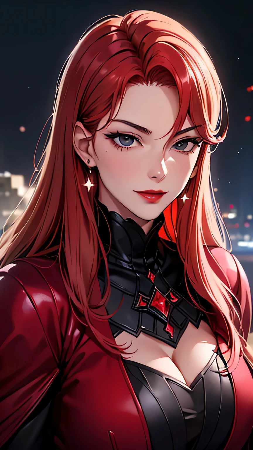 portrait shot, ((blood vivid red hair)), mature woman, 30 years old, diamond face, moonlight, red starry sky background, depth of field, magic, big red lips, ((dark black eyes)) (Detailed beautiful eyes) black and red long and full attire, covered chest, mystical atmosphere, ominous shadows, Intense blue aura, Intense red aura (best quality:1.2), absurdres, intricate details, (highly detailed skin:1.2), smile expression, posing, taut and well defined body, attractive. Highly realistic, pale skin, beautiful, hyperrealism, skin very elaborated, direct gaze