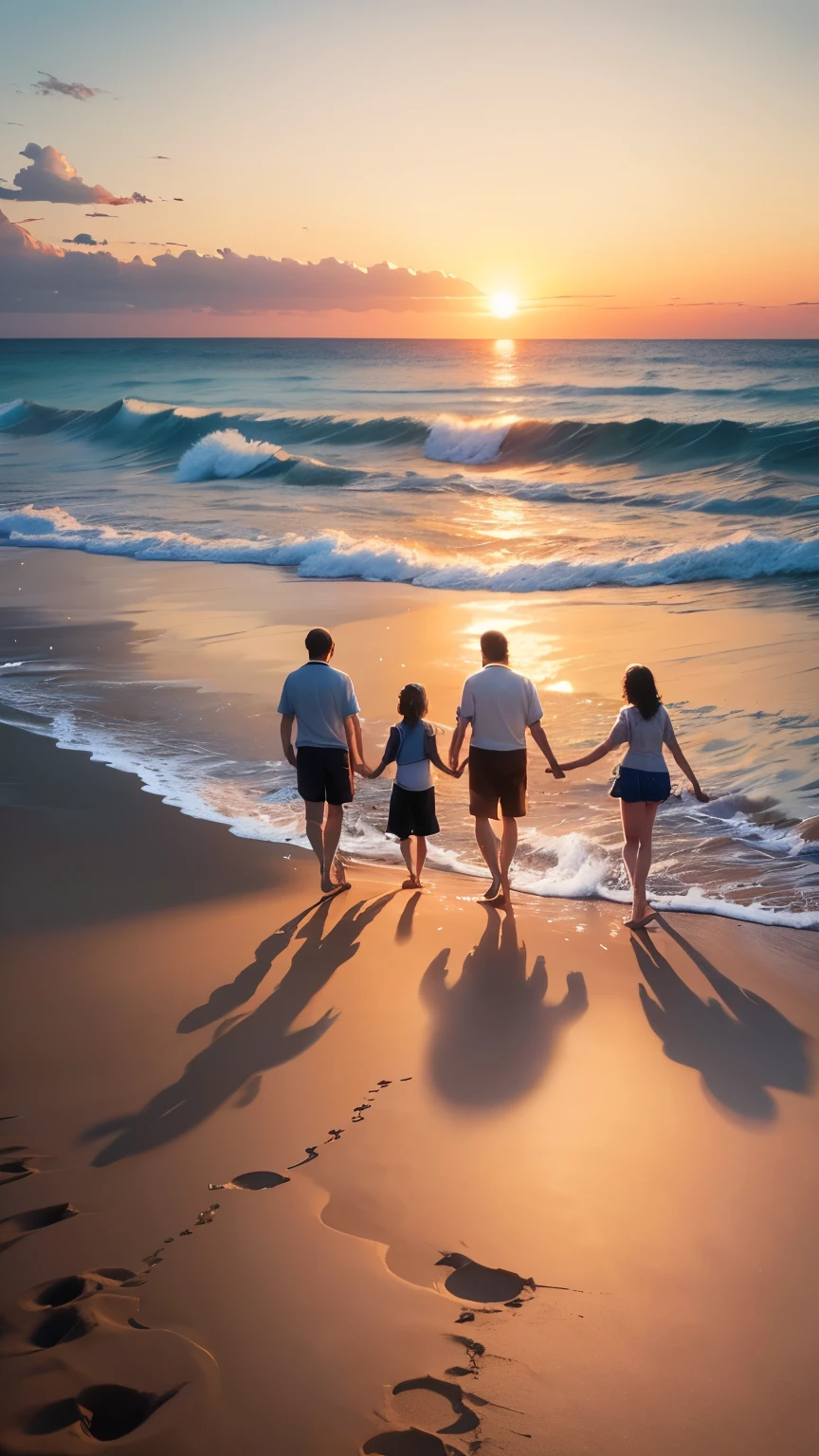 A family of four walks hand in hand on the sandy beach by the sea in the evening towards sunset.、smile
"(setting):(best quality),(masterpiece),(detailed),(ultra detailed),(insanely detailed),(ultra-quality),(highly detailed),(FHD)"