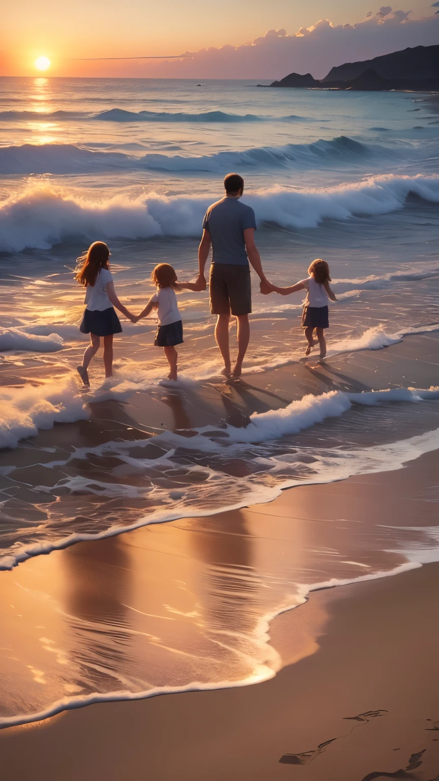 evening、A family of four walking hand in hand on a sandy beach by the sea towards the sunset.、smile
"(setting):(highest quality),(masterpiece),(be familiar with),(ultra be familiar with),(insanely be familiar with),(super high quality),(highly be familiar with),(Full HD)"