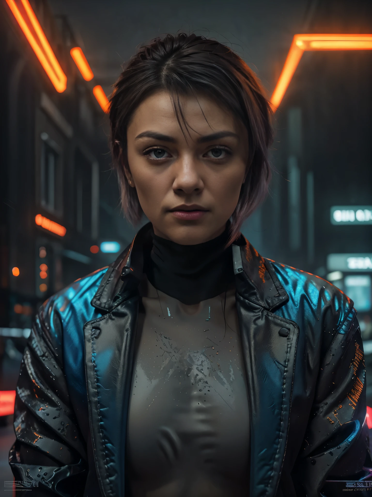 Realistic photo of a Man in the middle of cyberpunk city Street:1.5, Shadow play, mist, moody, glossy short ash gray hair, orange tech jacket, red iris eyes, vivid, red, cream, brown, green, neon light, purple neon, blue neon, red neon,, Film light, Hyper detailed, Hyper realistic, masterpiece, atmospheric, High resolution, Vibrant, High contrast, dark angle, art by Koos Roos, 8k, HDR, 500px