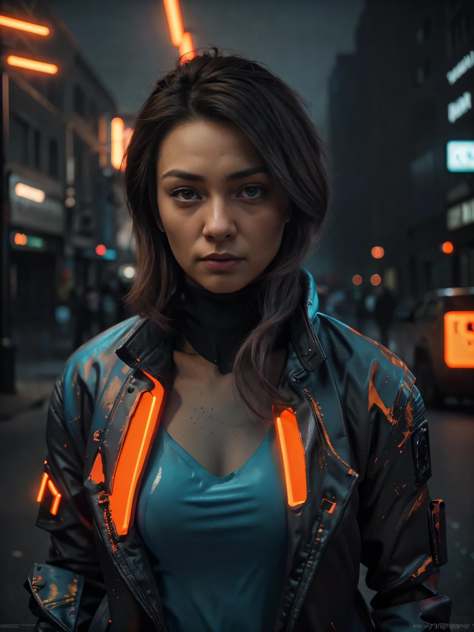 Realistic photo of a Man in  the middle of cyberpunk city Street:1.5, Shadow play, mist, moody, glossy short ash gray hair, orange tech jacket, red iris eyes, vivid, red, cream, brown, green, neon light, purple neon, blue neon, red neon,, Film light, Hyper detailed, Hyper realistic, masterpiece, atmospheric, High resolution, Vibrant, High contrast, dark angle, art by Koos Roos, 8k, HDR, 500px