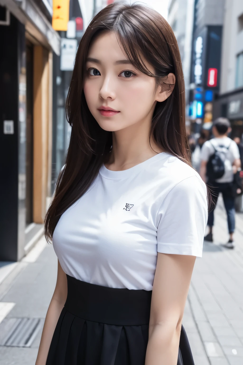 Photo realistic, High resolution, detailed background, detailed beautiful skin, detailed nose, soft lighting, (solo shot:1.23), (upper body:1.1), closed shot, looking at viewer, (((nice hand, perfect hand))), clear eyes,// japanese lady, pale skin, // (wearing black band T-shirts ), street snap, ((facing viewer)), at the street tokyo,