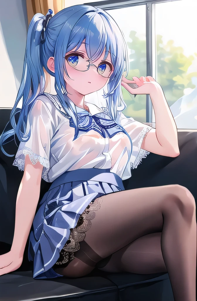 thick thighs、highest quality、16k、professional lighting、Beautiful woman、beautiful and delicate skin、shiny skin、no makeup、white skin、big ortale、 (detailed school uniform、fine light blue skirt:1.3), (complex total lace:1.6), (Transparency:1.8),。detailed background、fine eyes、add accessories to hair、pink glasses、、Twin tail arrangement、light blue hair、pink hair、by bus、smile、big 、relax、Wear a checked skirt、the skirt is not turned up、late night、((sexantyhlack color))、on the bed、sofa