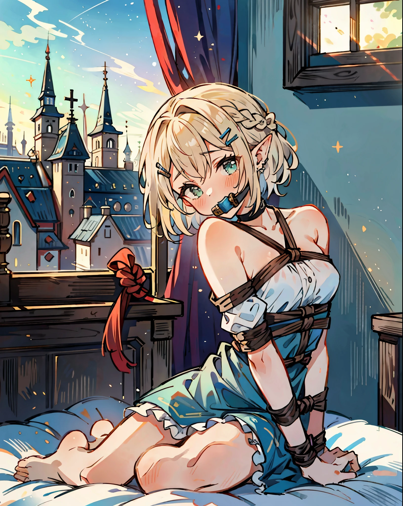 ((masterpiece)), (best quality), (ultra detailed), (digital), lumine, short hair, crown braid, hairclip, pointy ears, nude, breasts, gag, ball gag, bdsm, bondage, bound, shibari, rope, restrained, bound wrists, bound arms, bound ankles, on side, looking at viewer, blushing, on bed, medieval bedroom, window, castle in the background, sunset, intricate, elaborate detail, ((vivid)) colors