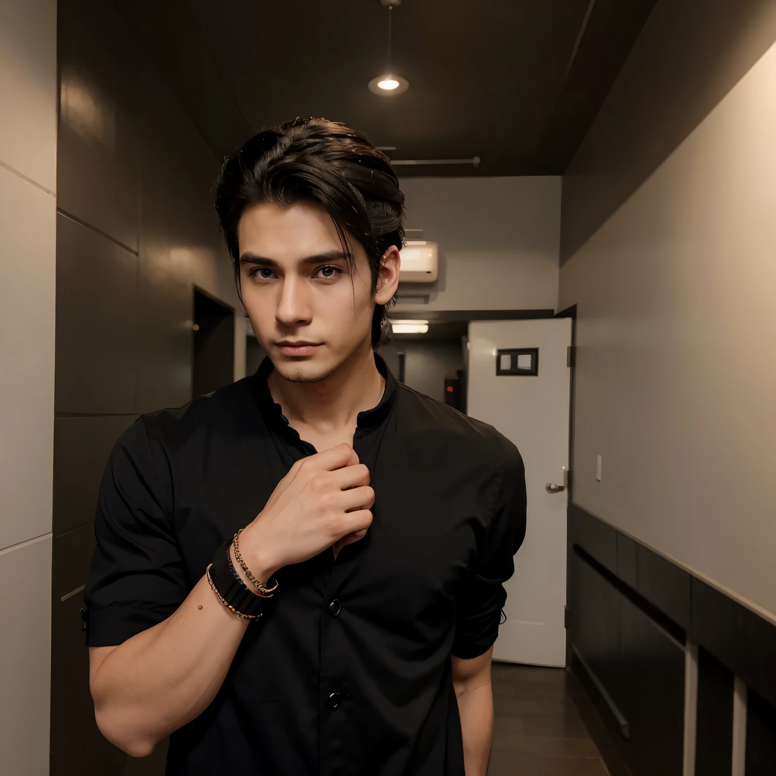Anime style boy around 28 years old in a black suit with a bracelet on his left arm hair combed back, alto, ojos negros