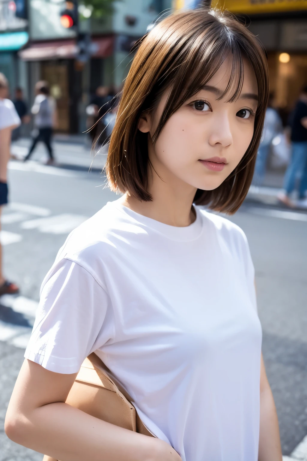 Photo realistic, High resolution, detailed background, detailed beautiful skin, detailed nose, soft lighting, (solo shot:1.23), (upper body:1.1), closed shot, looking at viewer, (((nice hand, perfect hand))), clear eyes,// japanese lady, pale skin, // (wearing band oasis T-shirts ), street snap, ((facing viewer)), at the street tokyo,