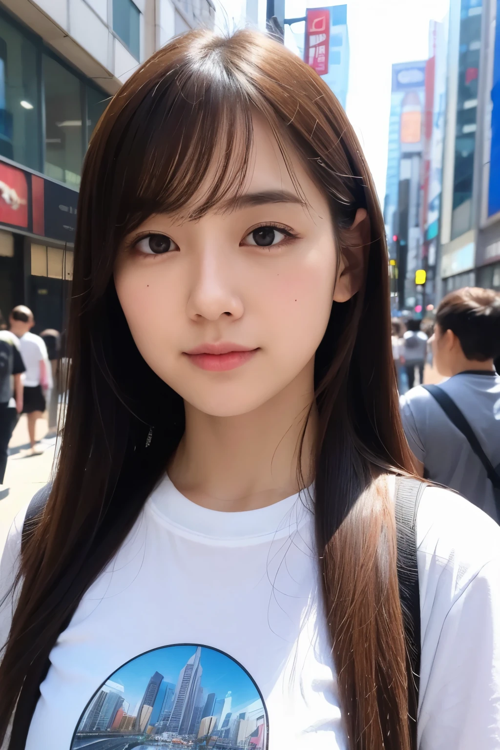 Photo realistic, High resolution, detailed background, detailed beautiful skin, detailed nose, soft lighting, (solo shot:1.23), (upper body:1.1), closed shot, looking at viewer, (((nice hand, perfect hand))), clear eyes,// japanese lady, pale skin, // (wearing band oasis T-shirts ), street snap, ((facing viewer)), at the street tokyo,