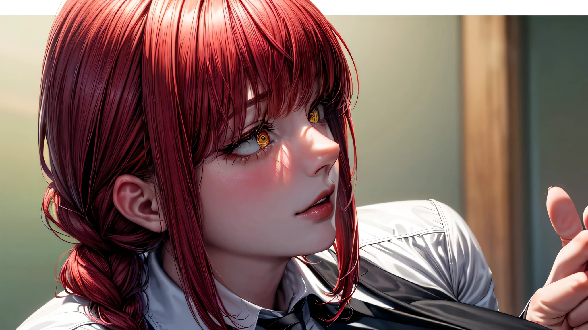 masterpiece, (photorealistic:1.4), best quality, beautiful lighting, makima \(chainsaw man\), (red hair)+(long braided hair)+(bangs), yellow eyes, golden eyes, (ringed eyes), (white shirt), (necktie),Prepare to be amazed by the astonishing level of detail in this ultra-realistic 10k high resolution artwork, where the fusion of Digital Painting, Anime Art, (masterpiece: 1.5) (photorealistic: 1.1) (bokeh) (best quality) (detailed skin texture pores hair: 1.1) (intricate) (8k) (HDR) (wallpaper) (cinematic lighting) (sharp focus )
