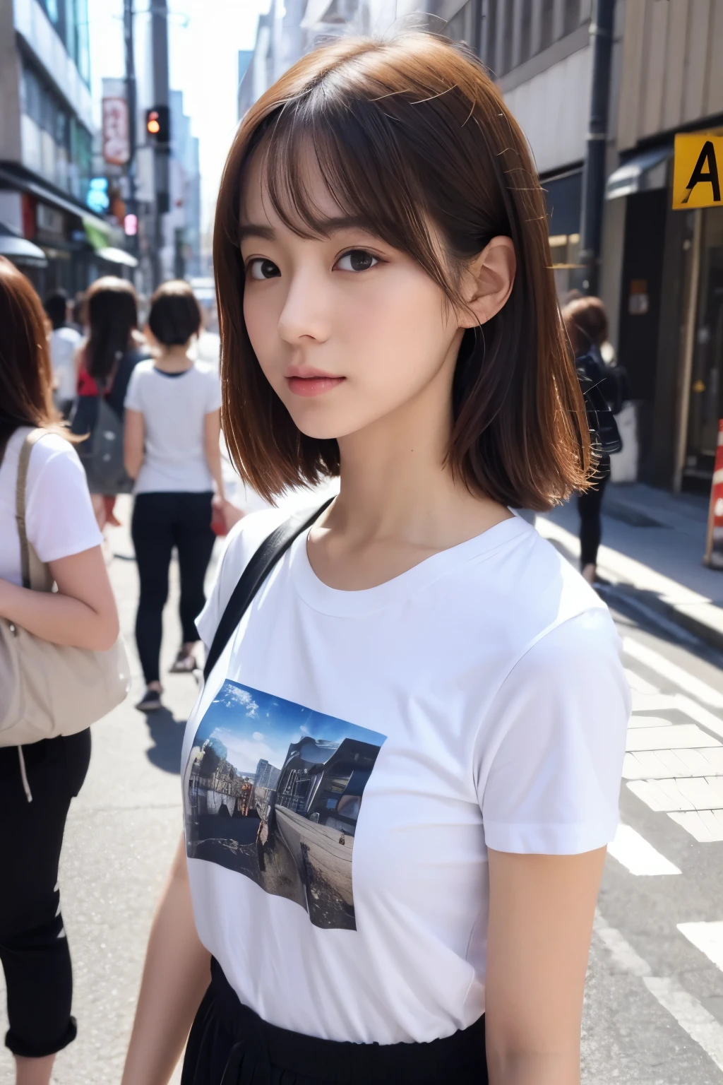 Photo realistic, High resolution, detailed background, detailed beautiful skin, detailed nose, soft lighting, (solo shot:1.23), (upper body:1.1), closed shot, looking at viewer, (((nice hand, perfect hand))), clear eyes,// japanese lady, pale skin, // (wearing band T-shirts of oasis), street snap, ((facing viewer)), at the street tokyo,