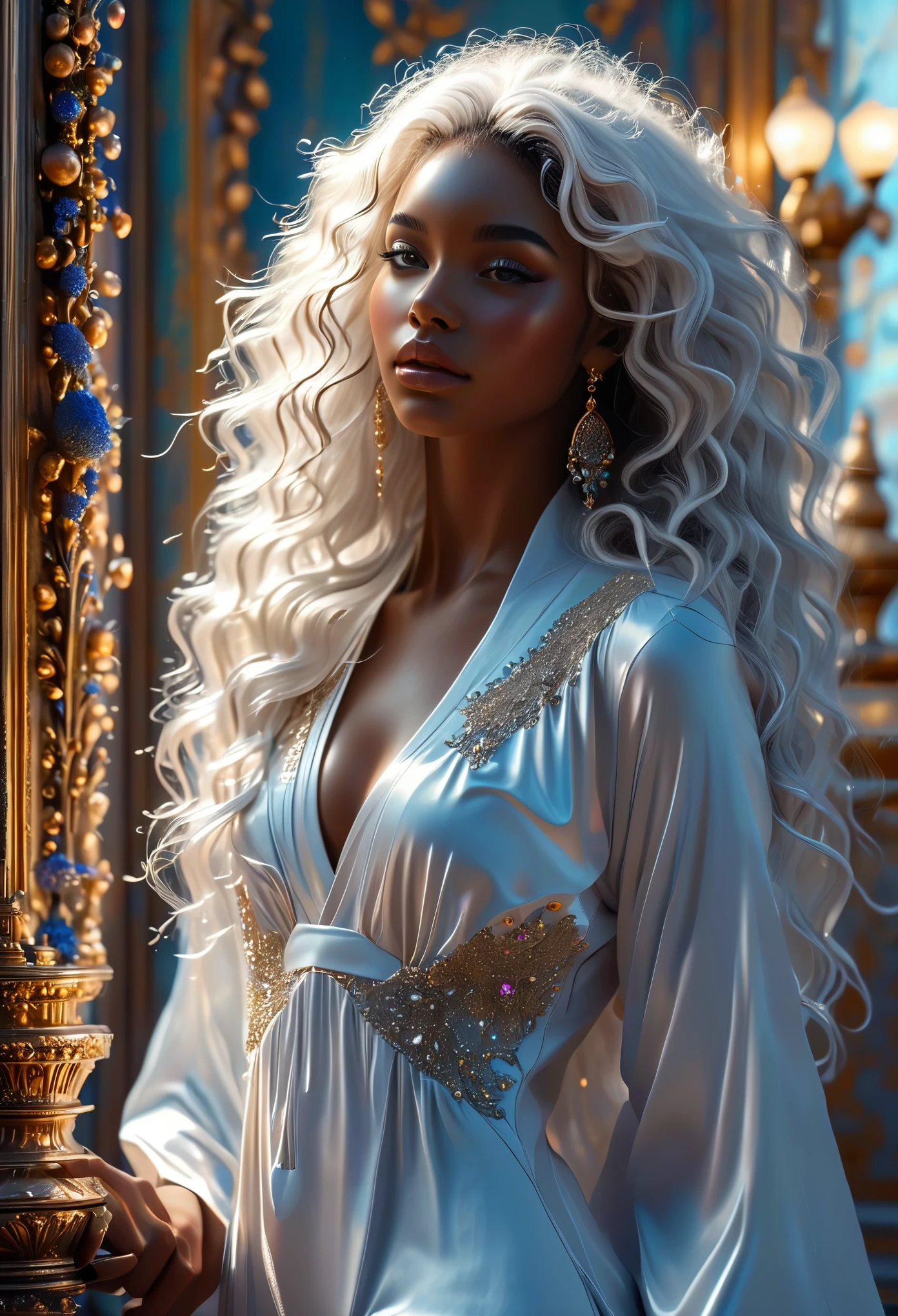 Novel in celestial landscape, in the palace, (((a beau young darkskin:1.7 couple in 18's))), (a young very beau pharaon with dark curly hair:1.3) and (((a young very beau queen with long whitehair:1.7))), beautiful face, full body, perfect faces, detailed face and body, Romantic scene, Voie romantique, couple sexy, 8K, Extremely detailed, (high quality, Realistic, photoRealistic: 1.37), ideal proportions and defined complexion, Meticulously designed features, inaccessible beauty, la perfection, chef artistique&#39;ouvrages d&#39;arts, vivid realism, sculptures hyper detailedes, formes Realistics, vraiment impressionnant, Un savoir-faire impeccable, pure shine, ethereal beauty, Delicate contours, Poses frappantes, sublime beauty, nuances subtiles, compositions dynamiques, couleurs vives, Perfect lighting, Expressions en mouvement, Celestial aura, Majestic presence, Ambiance onirique, rendu d&#39;octane detailed inégalé, tendance sur artstation, Photographie artistique 8k, photoRealistic concept art, Naturel, doux, Volumetric cinematic perfect light, clair-obscur, Award-winning photography, chef-d&#39;ouvrages d&#39;art, huile sur toile, beau, detailed, complexe, incroyablement
