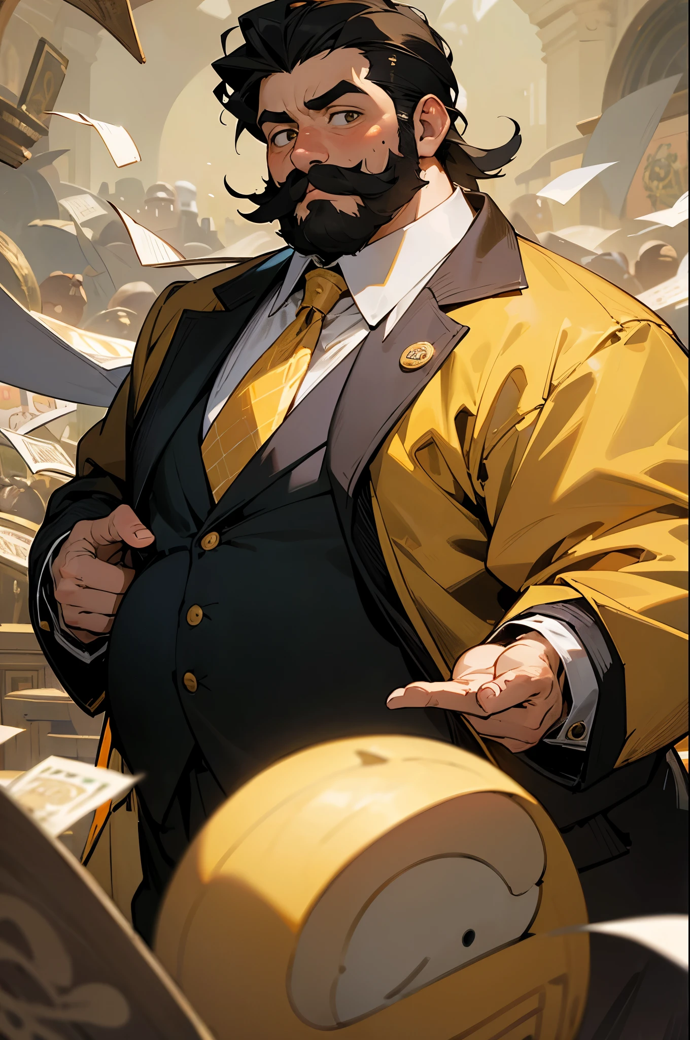 masterpiece,top-quality,Day Trader Man,The man who made a lot of money overnight,Fat,Fat Man,A dark-haired,Short legend,mustache,Lunette de soleil,I have a big stomach,Face is large,Guts Pose,show the grinps,Sweating,Flying banknotes,Flying Coins,Gold and silver treasures,spot light,