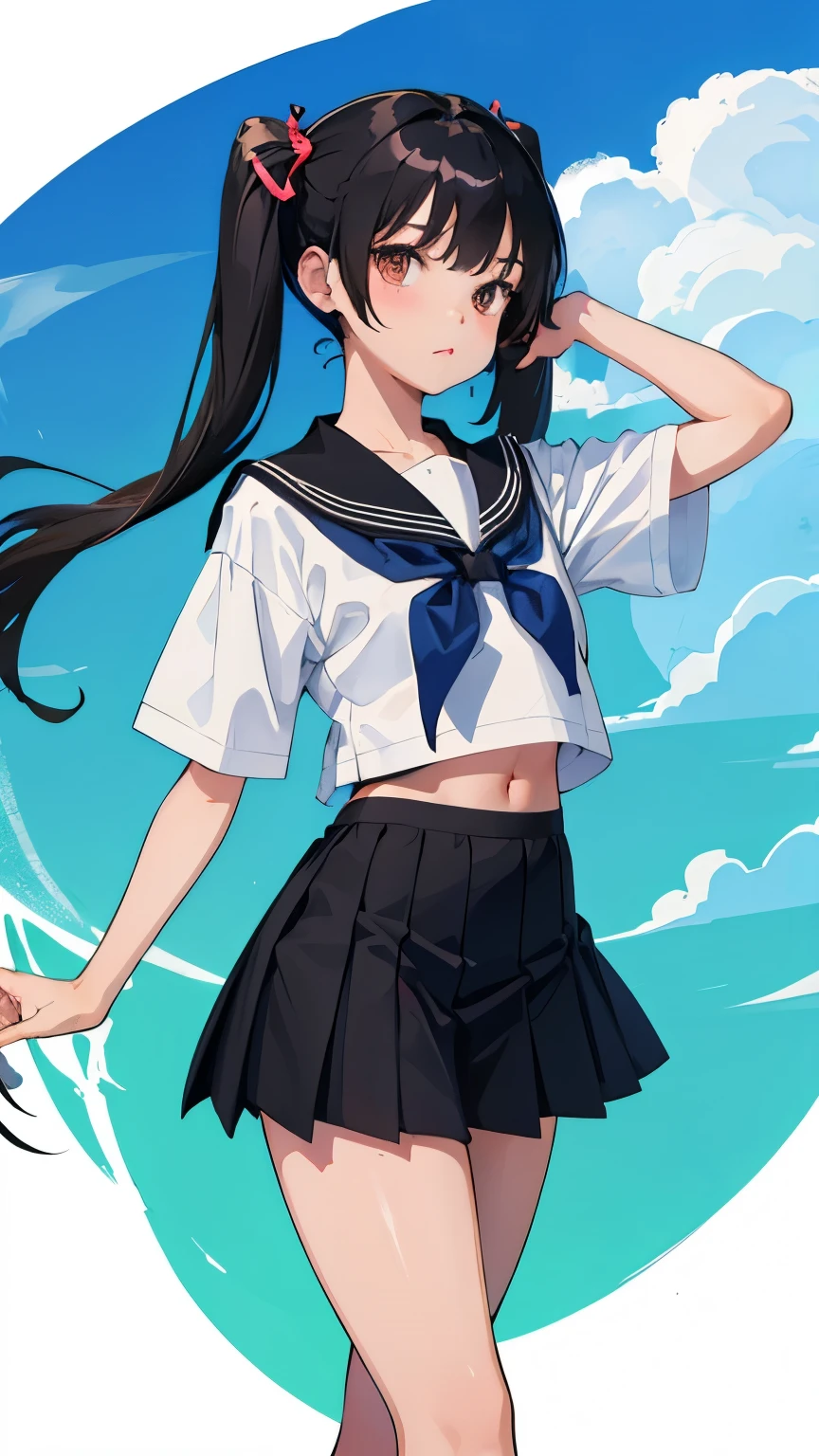 (short cute girl,small young student,young delicate girl),(masterpiece,Top quality),school uniform,short sleeve,black hair twintails,belly button,sleepy