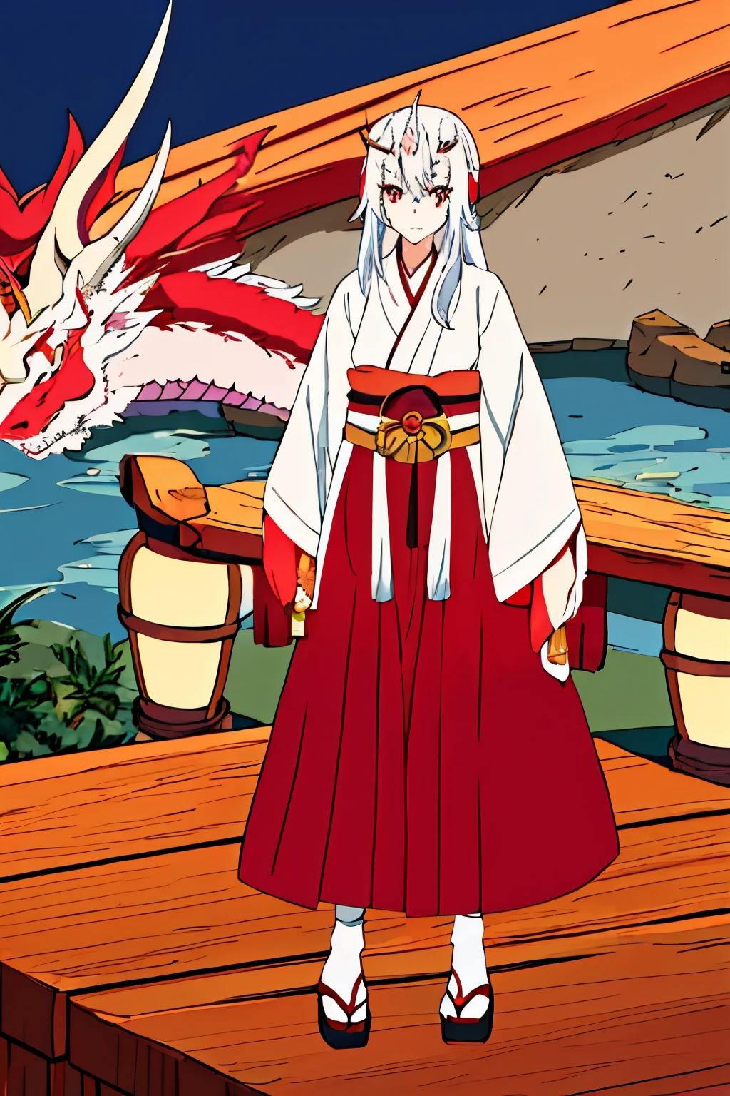 rimuru, white long hair, 2 oni horns, red eyes, kimono outfit with top off, bandaged chest, dragon arms, dragon legs, wooden sandals,  feminine male